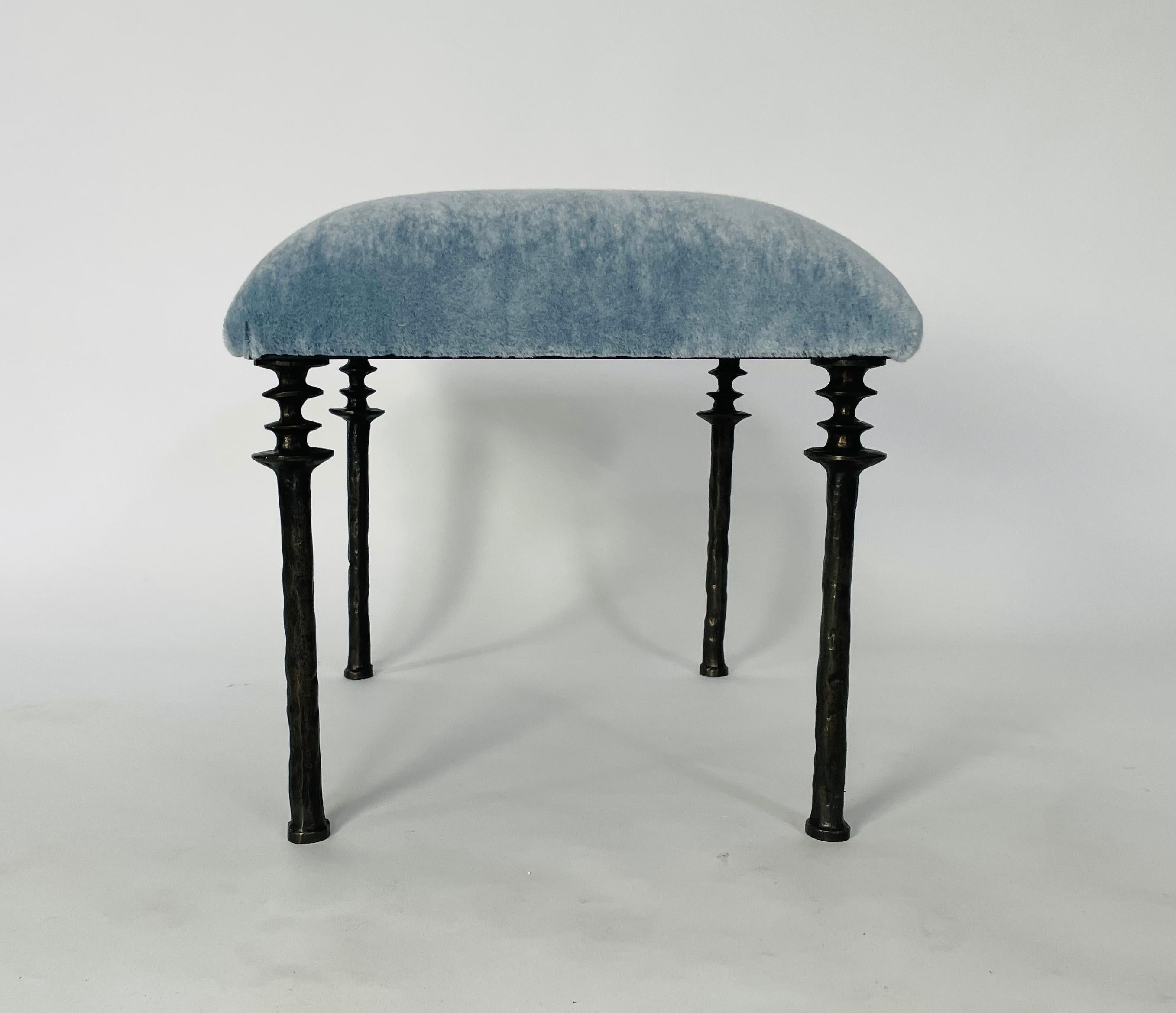 Contemporary Pair of Sorgue Stools, by Bourgeois Boheme Atelier, Blue Mohair Upholstery