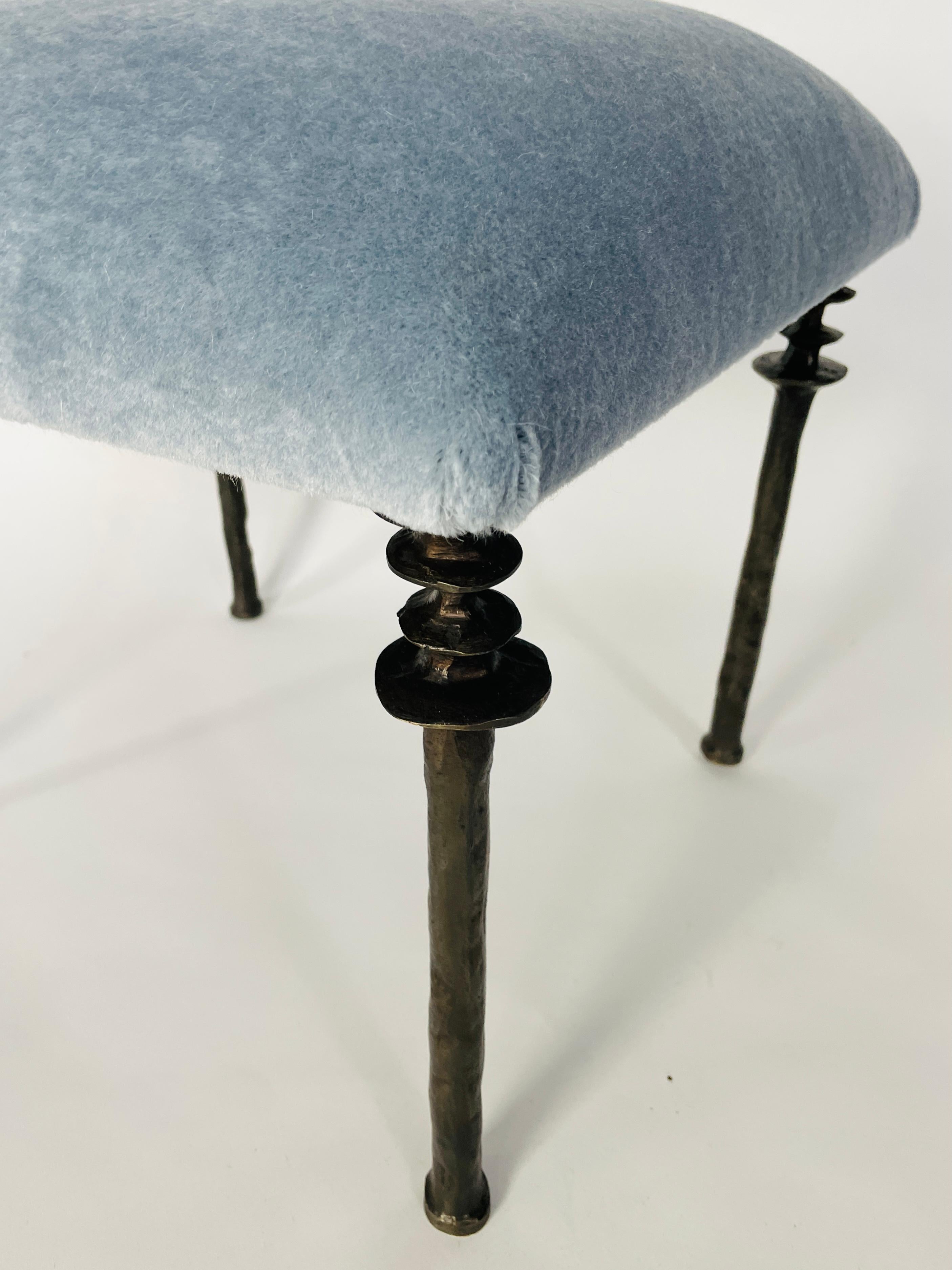 Bronze Pair of Sorgue Stools, by Bourgeois Boheme Atelier, Blue Mohair Upholstery