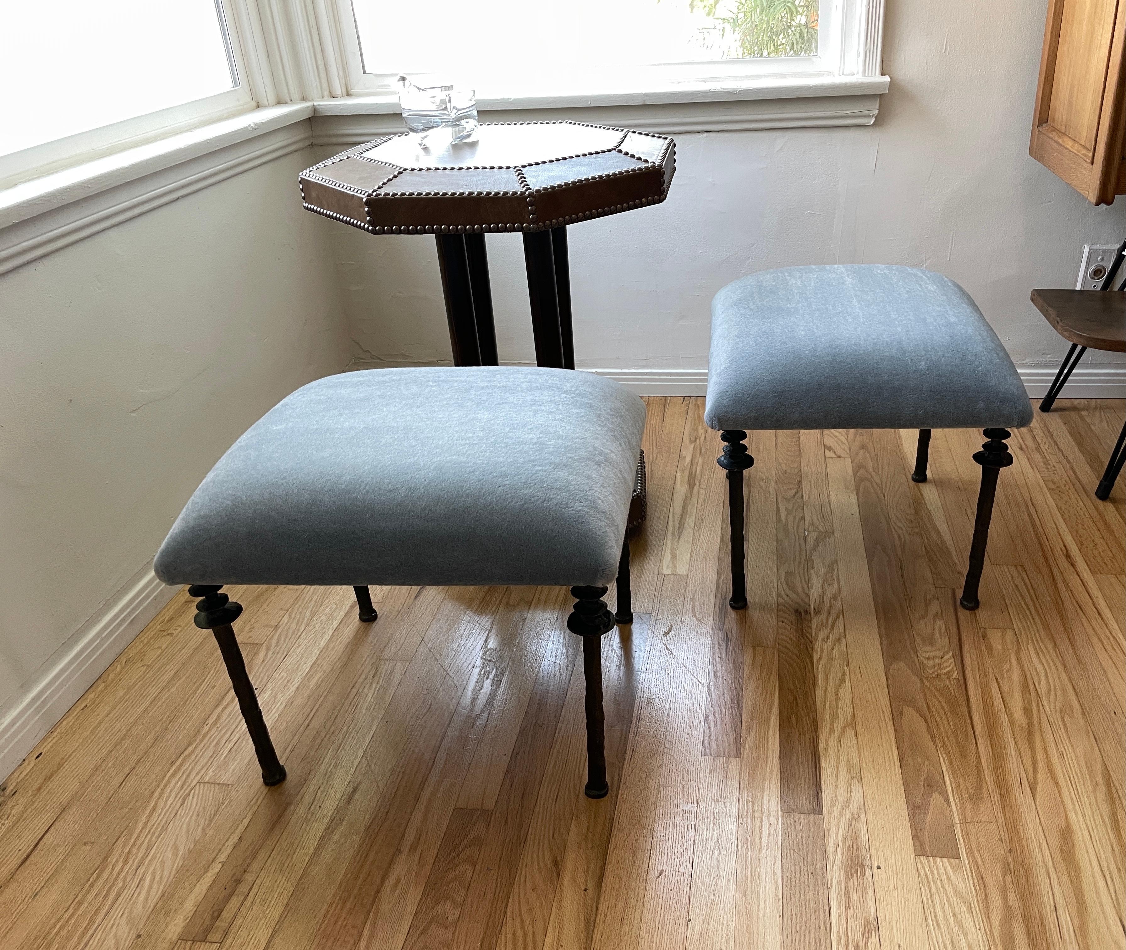 Pair of Sorgue Stools, by Bourgeois Boheme Atelier, Blue Mohair Upholstery 1