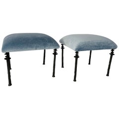 Pair of Sorgue Stools, by Bourgeois Boheme Atelier, Blue Mohair Upholstery