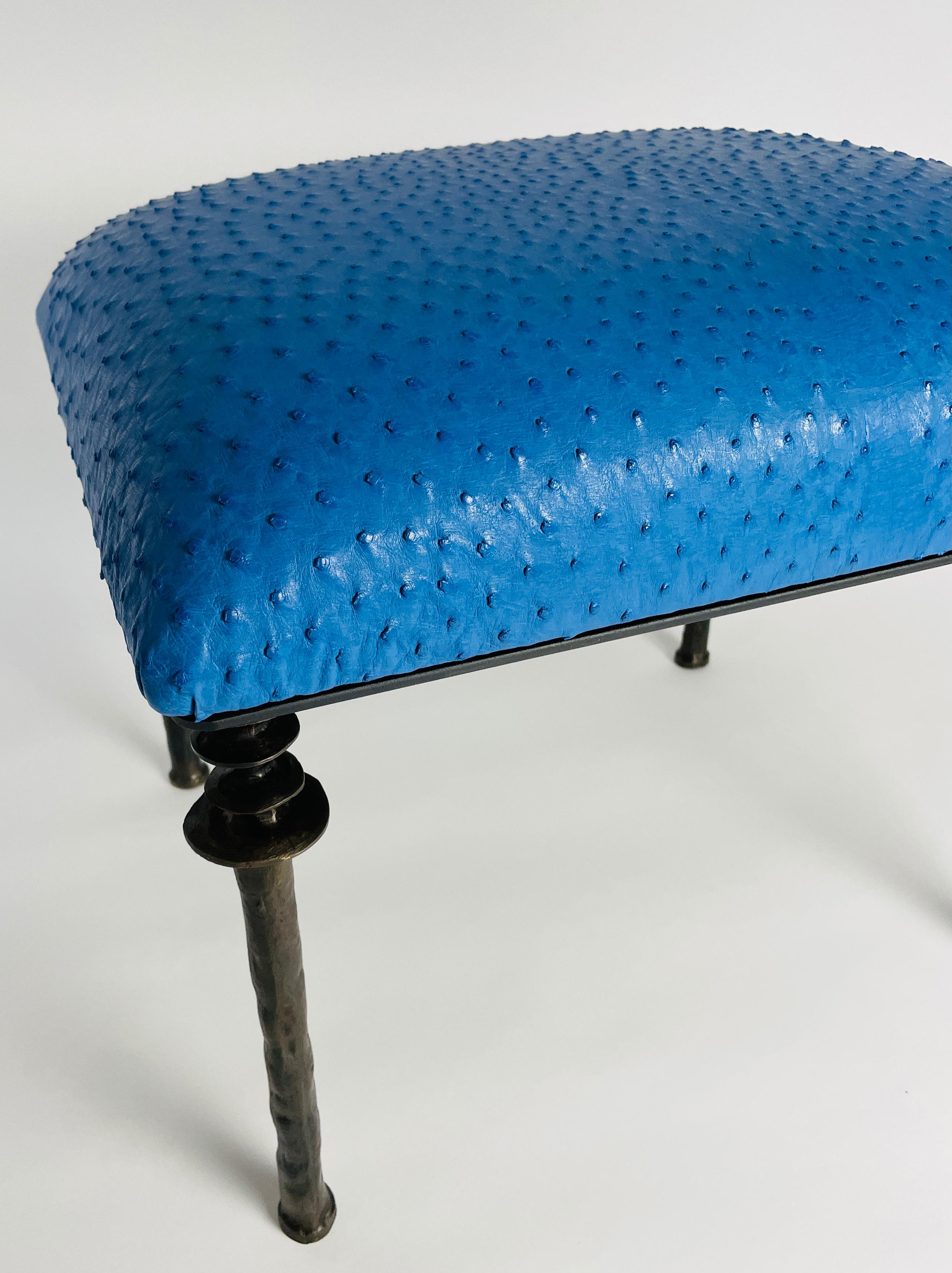 Pair of Sorgue Stools, by Bourgeois Boheme Atelier, Blue Ostrich Leather For Sale 3