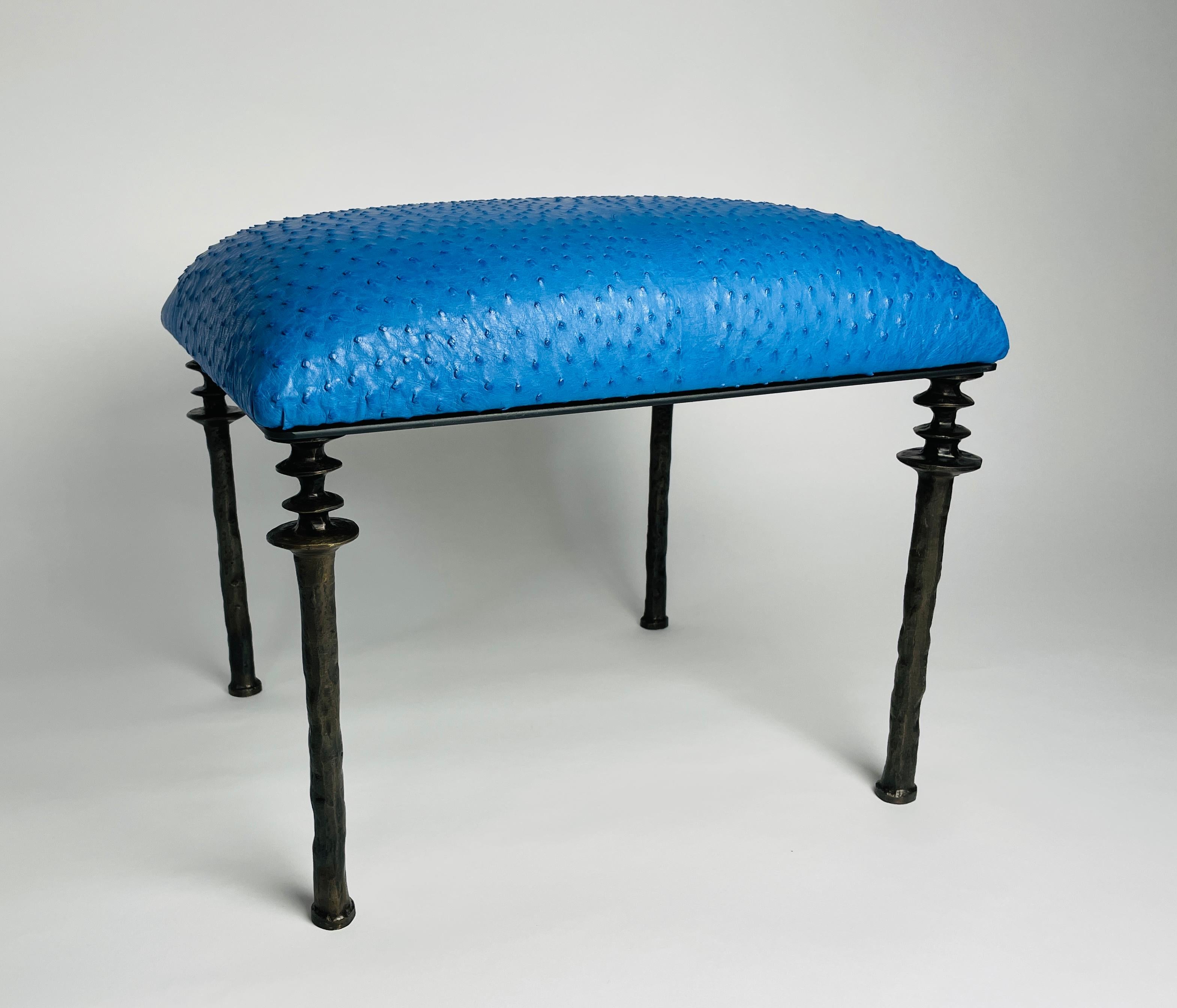 Organic Modern Pair of Sorgue Stools, by Bourgeois Boheme Atelier, Blue Ostrich Leather For Sale