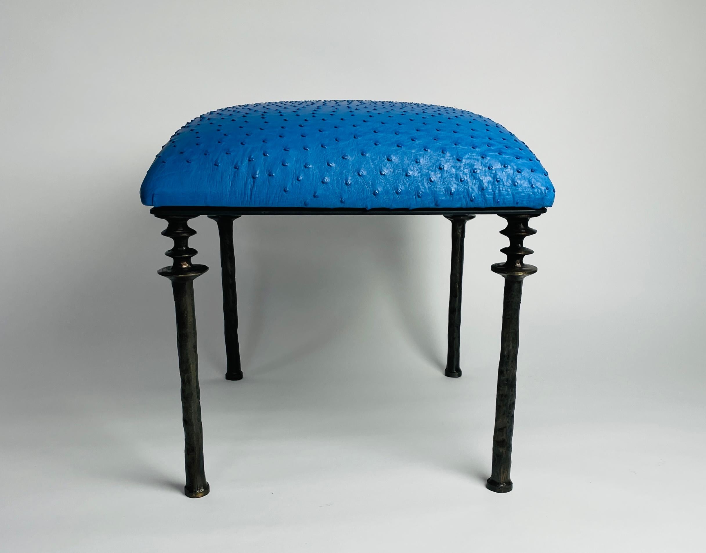 Organic Modern Pair of Sorgue Stools, by Bourgeois Boheme Atelier, Blue Ostrich Leather For Sale