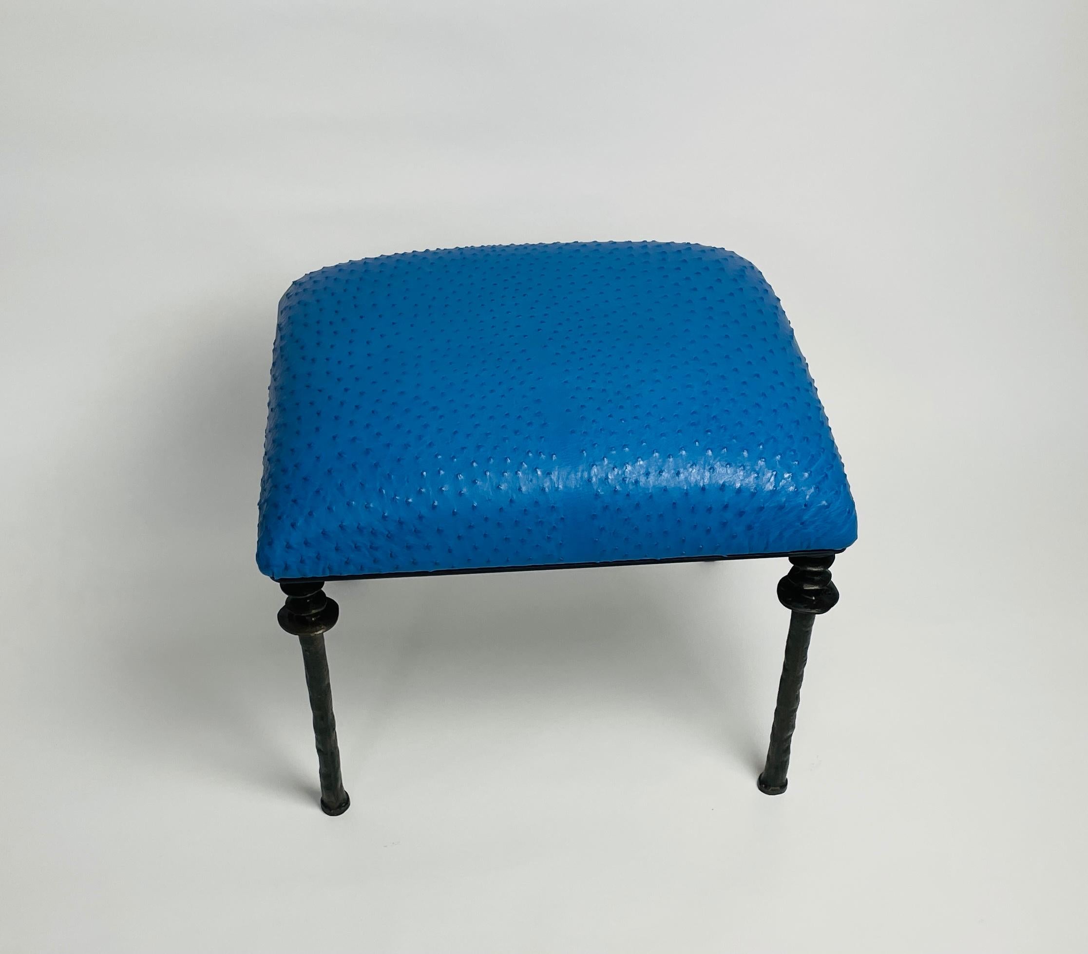 Pair of Sorgue Stools, by Bourgeois Boheme Atelier, Blue Ostrich Leather In New Condition For Sale In Los Angeles, CA
