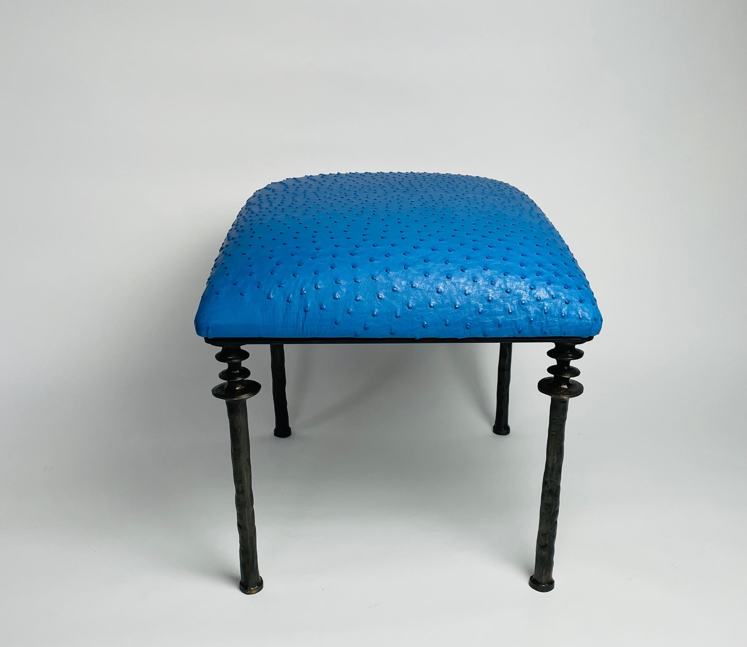 Contemporary Pair of Sorgue Stools, by Bourgeois Boheme Atelier, Blue Ostrich Leather For Sale