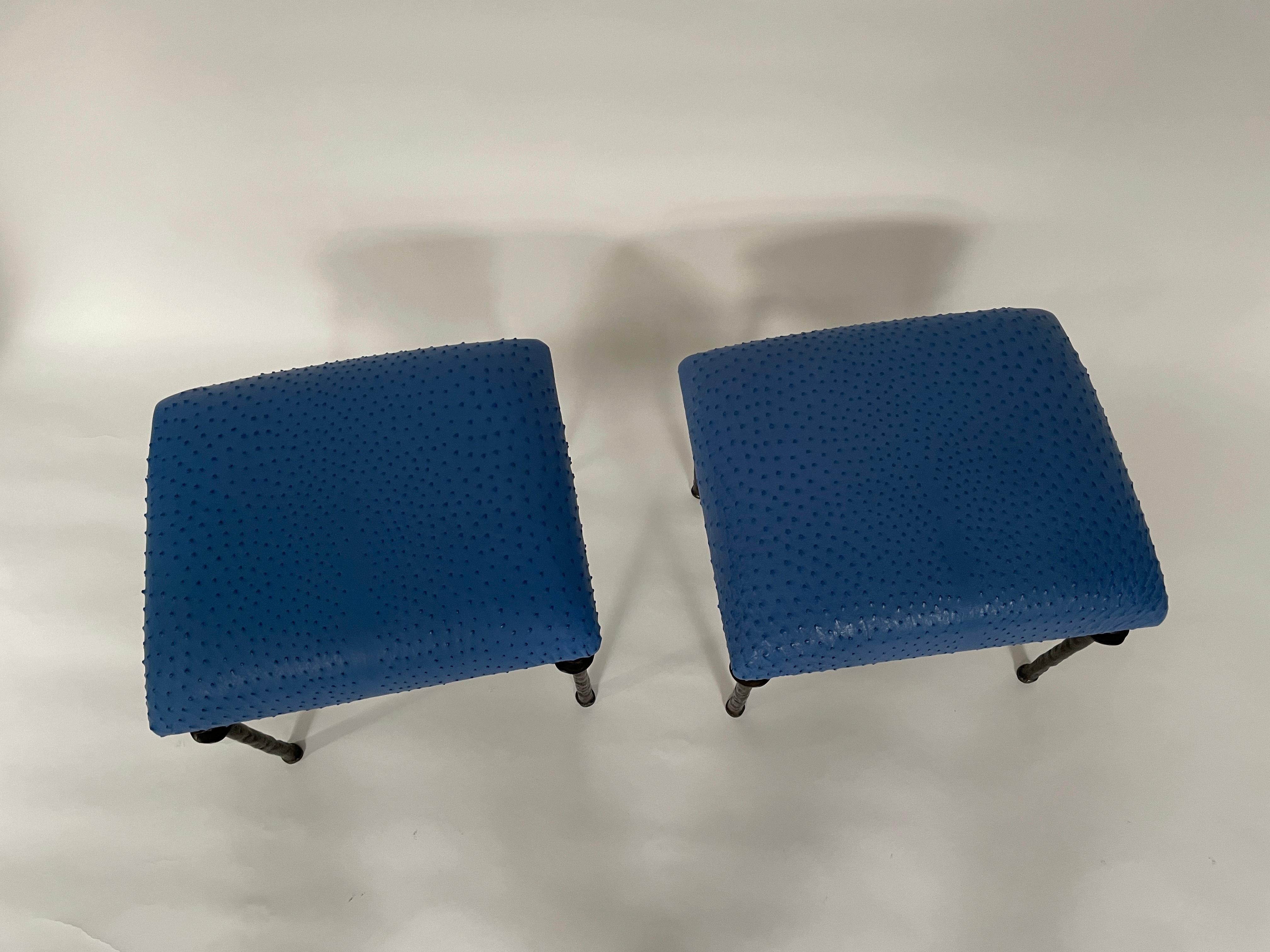 Bronze Pair of Sorgue Stools, by Bourgeois Boheme Atelier, Blue Ostrich Leather For Sale