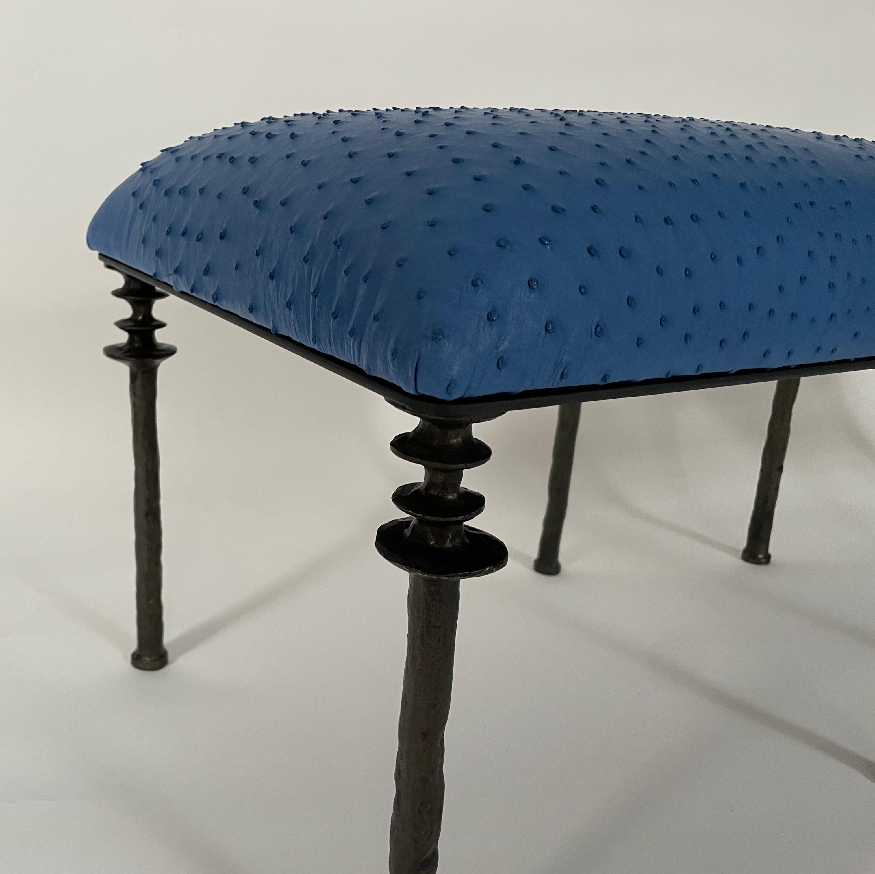 Pair of Sorgue Stools, by Bourgeois Boheme Atelier, Blue Ostrich Leather For Sale 2