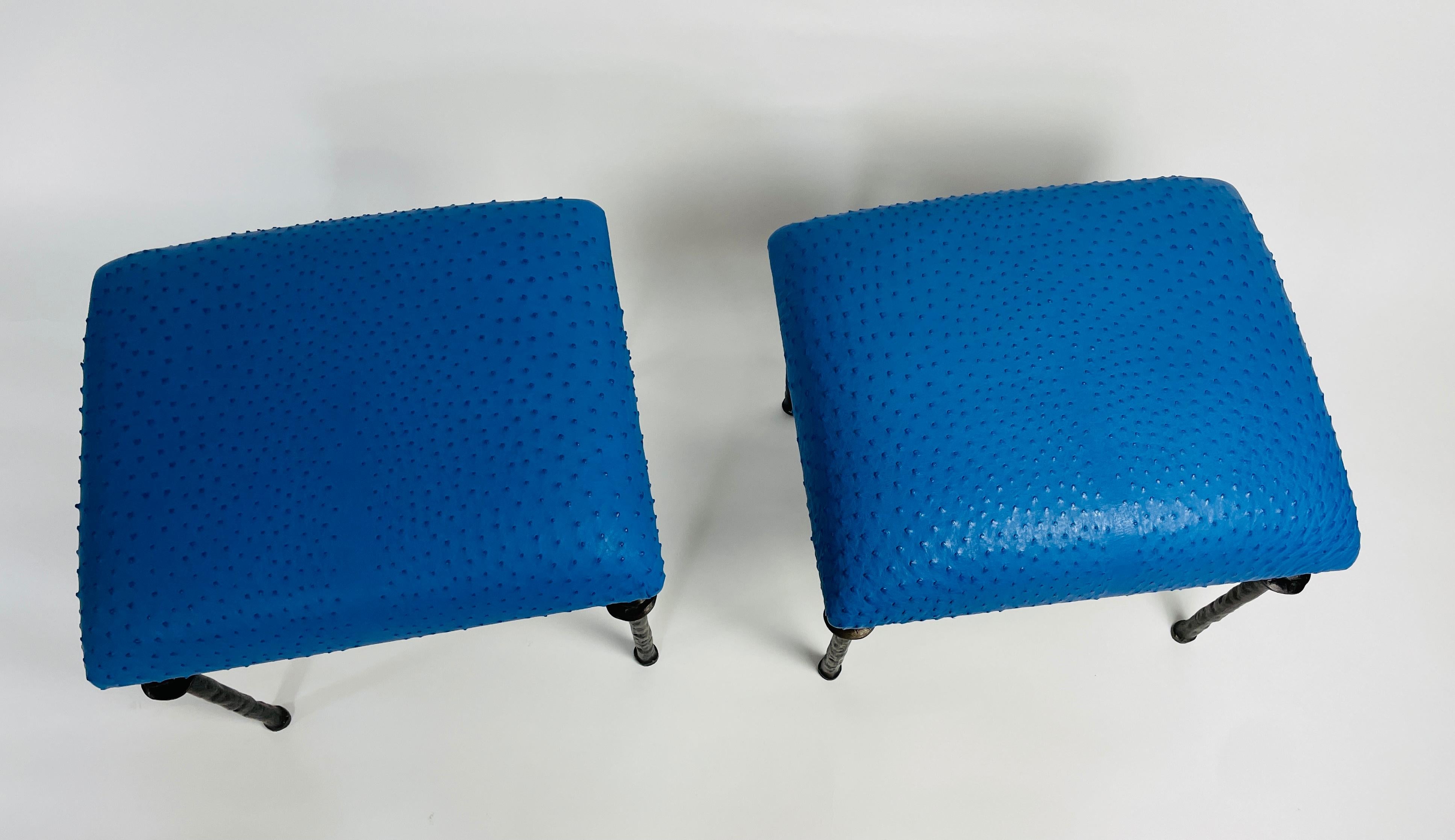 Pair of Sorgue Stools, by Bourgeois Boheme Atelier, Blue Ostrich Leather For Sale 1