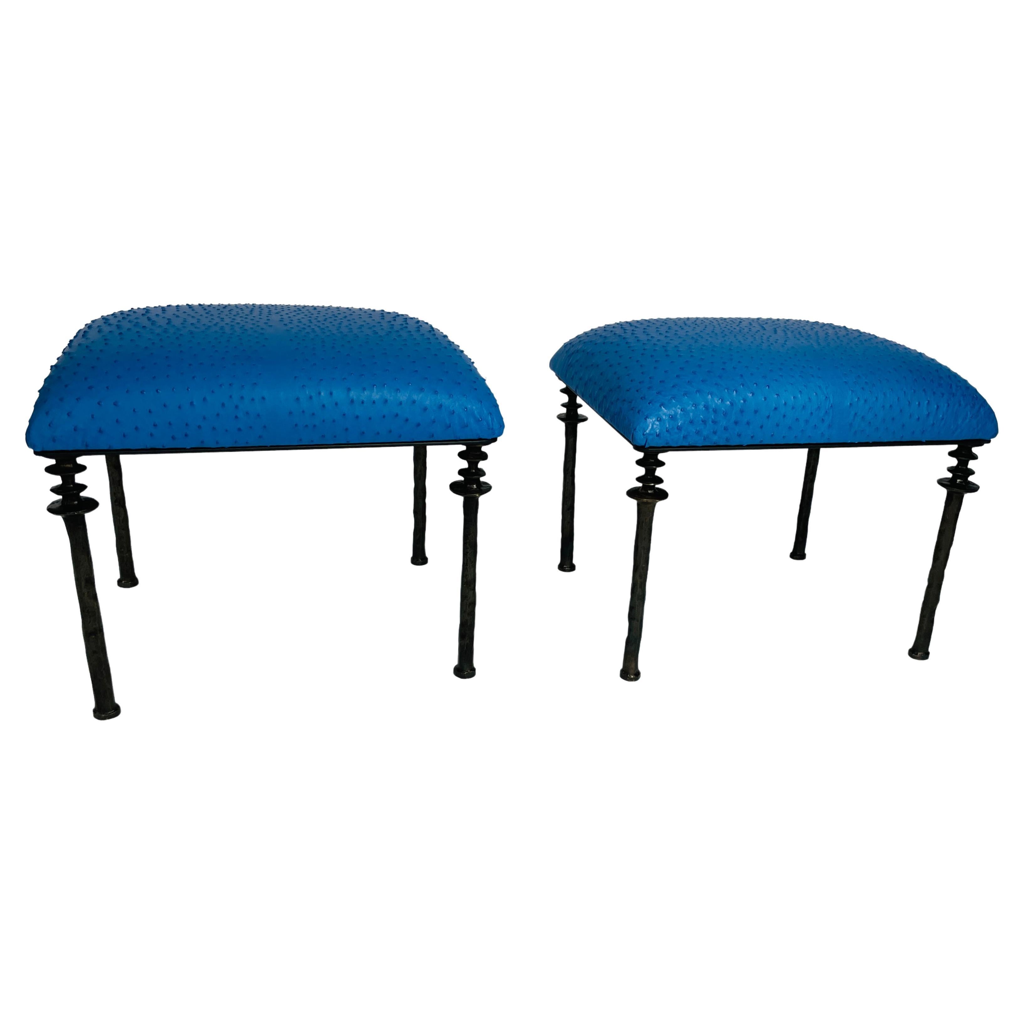 Pair of Sorgue Stools, by Bourgeois Boheme Atelier, Blue Ostrich Leather