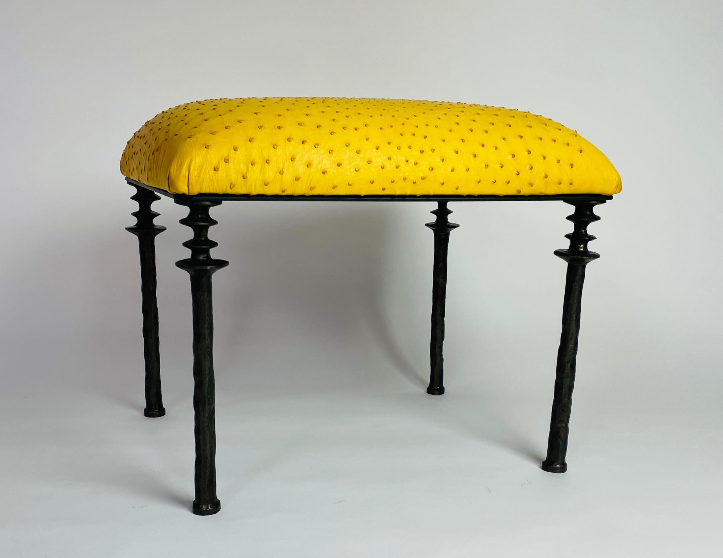 Organic Modern Pair of Sorgue Stools, by Bourgeois Boheme Atelier, Citron Ostrich Leather For Sale