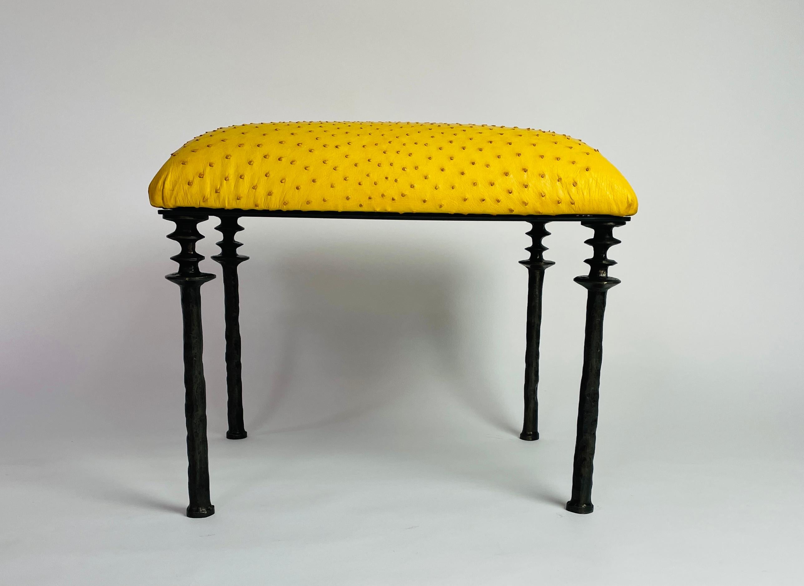 American Pair of Sorgue Stools, by Bourgeois Boheme Atelier, Citron Ostrich Leather For Sale