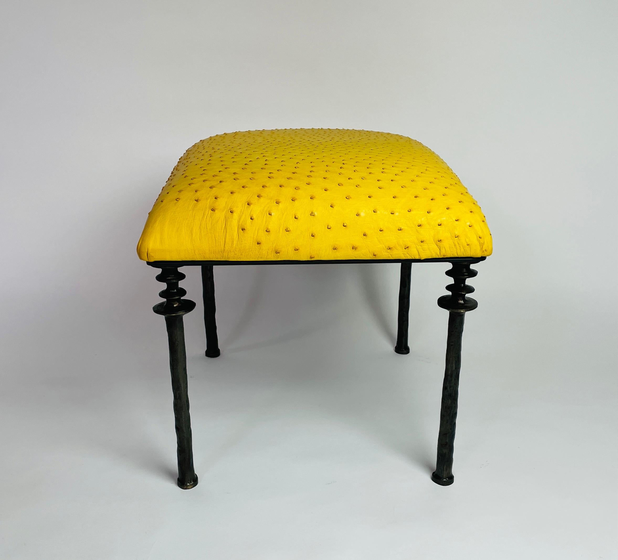 Pair of Sorgue Stools, by Bourgeois Boheme Atelier, Citron Ostrich Leather In New Condition For Sale In Los Angeles, CA