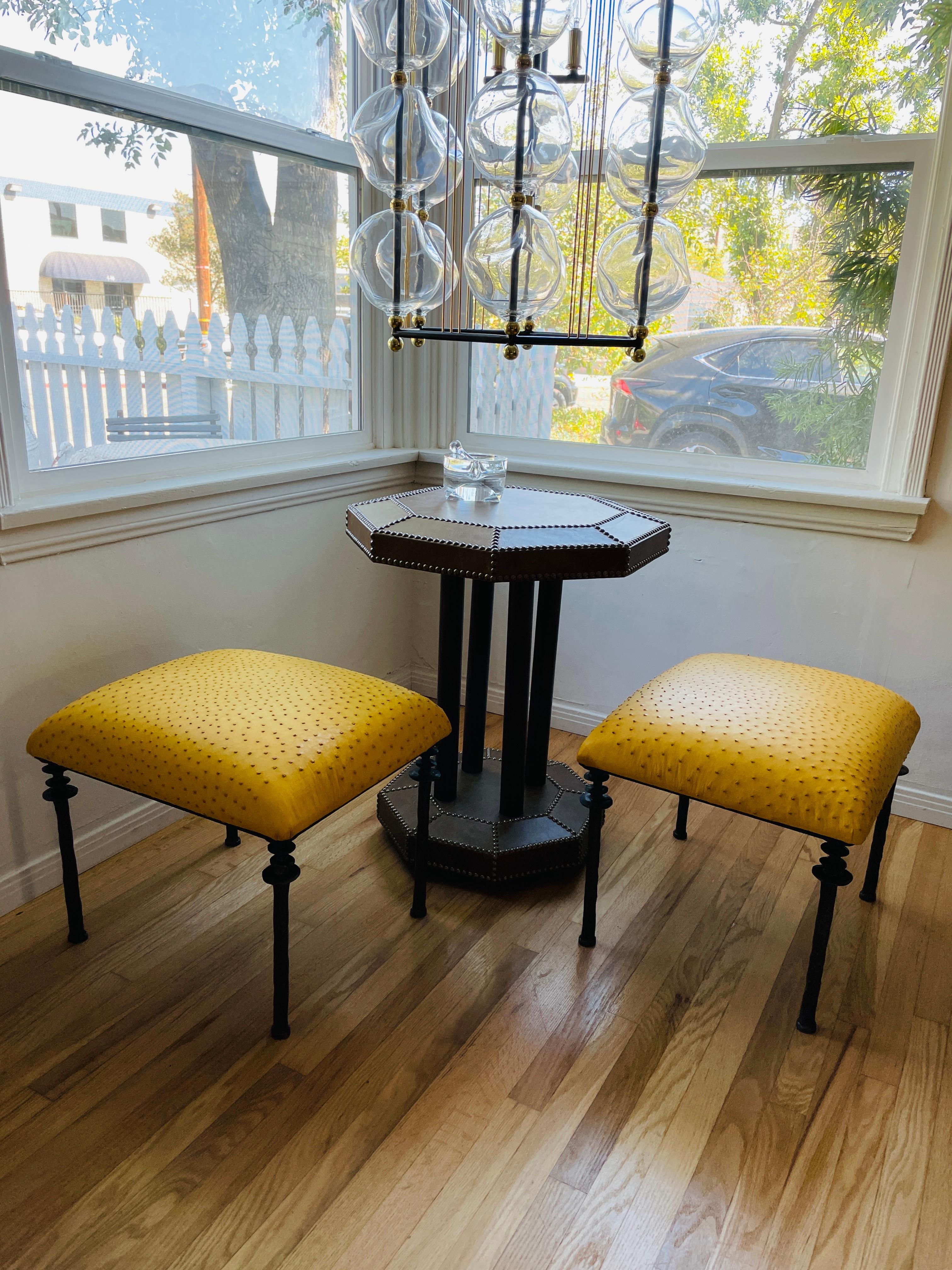 Contemporary Pair of Sorgue Stools, by Bourgeois Boheme Atelier, Citron Ostrich Leather For Sale