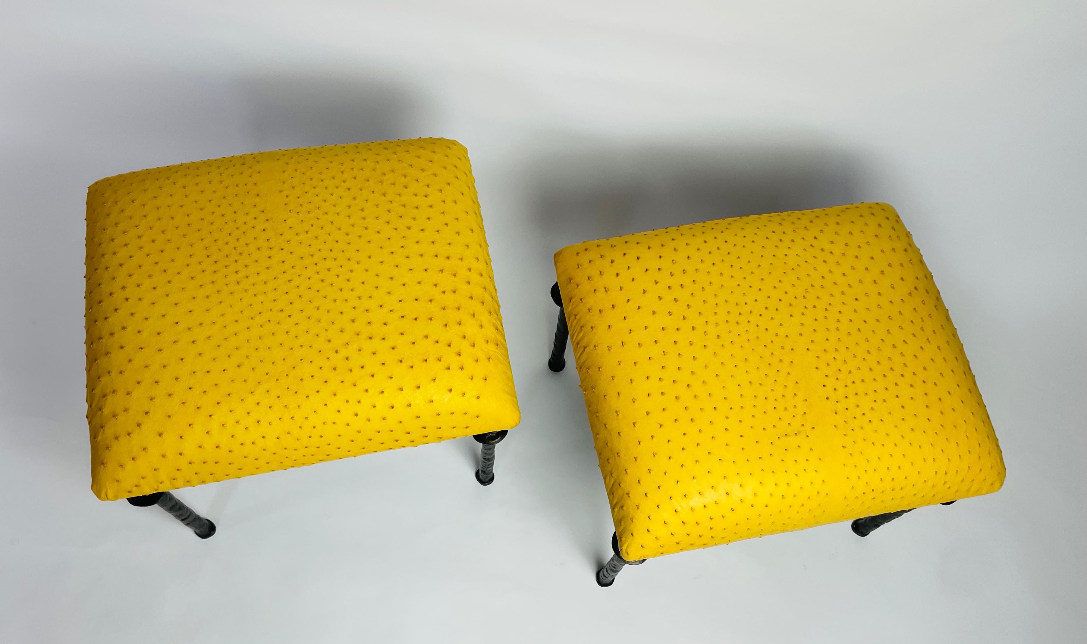 Bronze Pair of Sorgue Stools, by Bourgeois Boheme Atelier, Citron Ostrich Leather For Sale