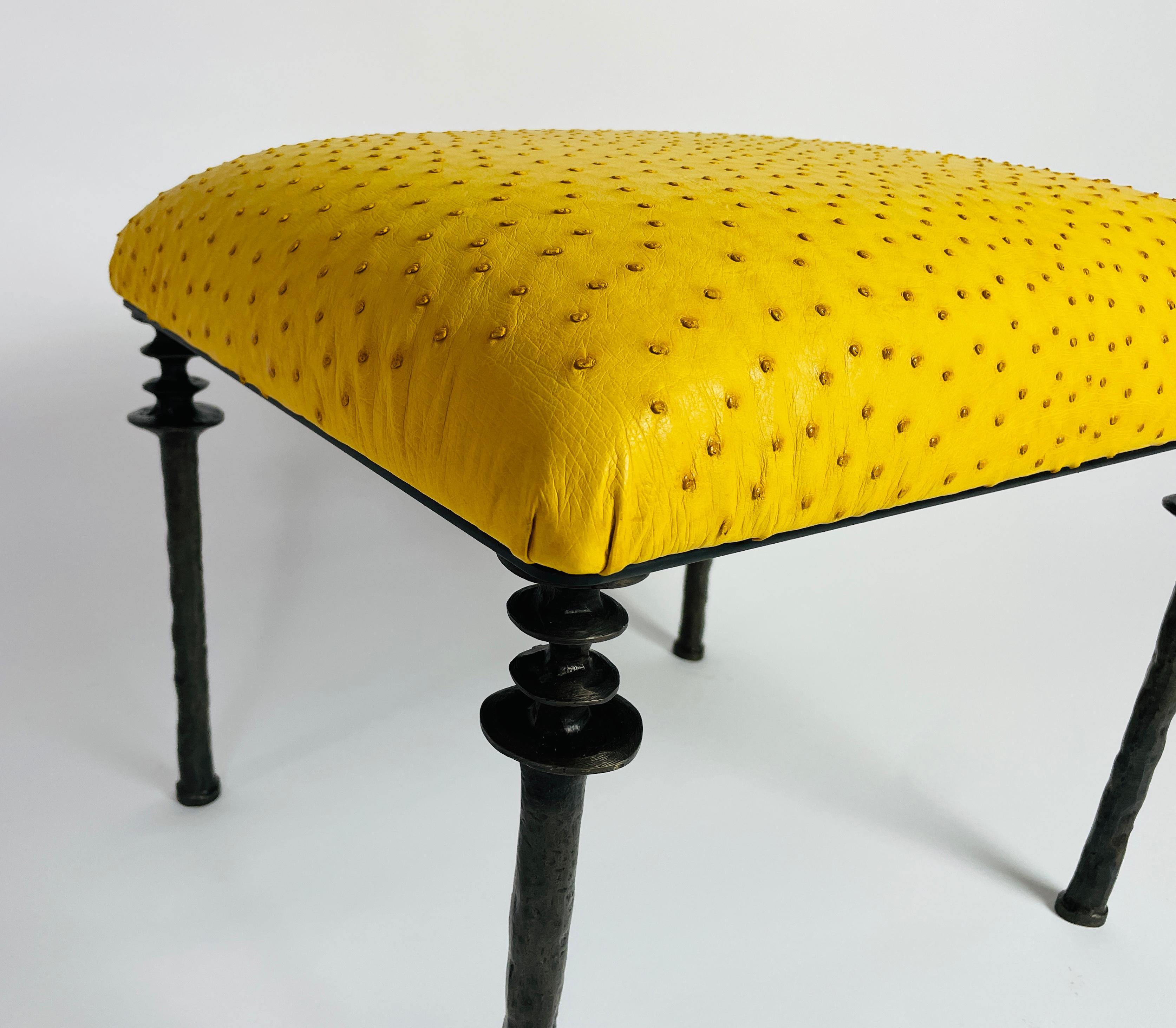 Pair of Sorgue Stools, by Bourgeois Boheme Atelier, Citron Ostrich Leather For Sale 1