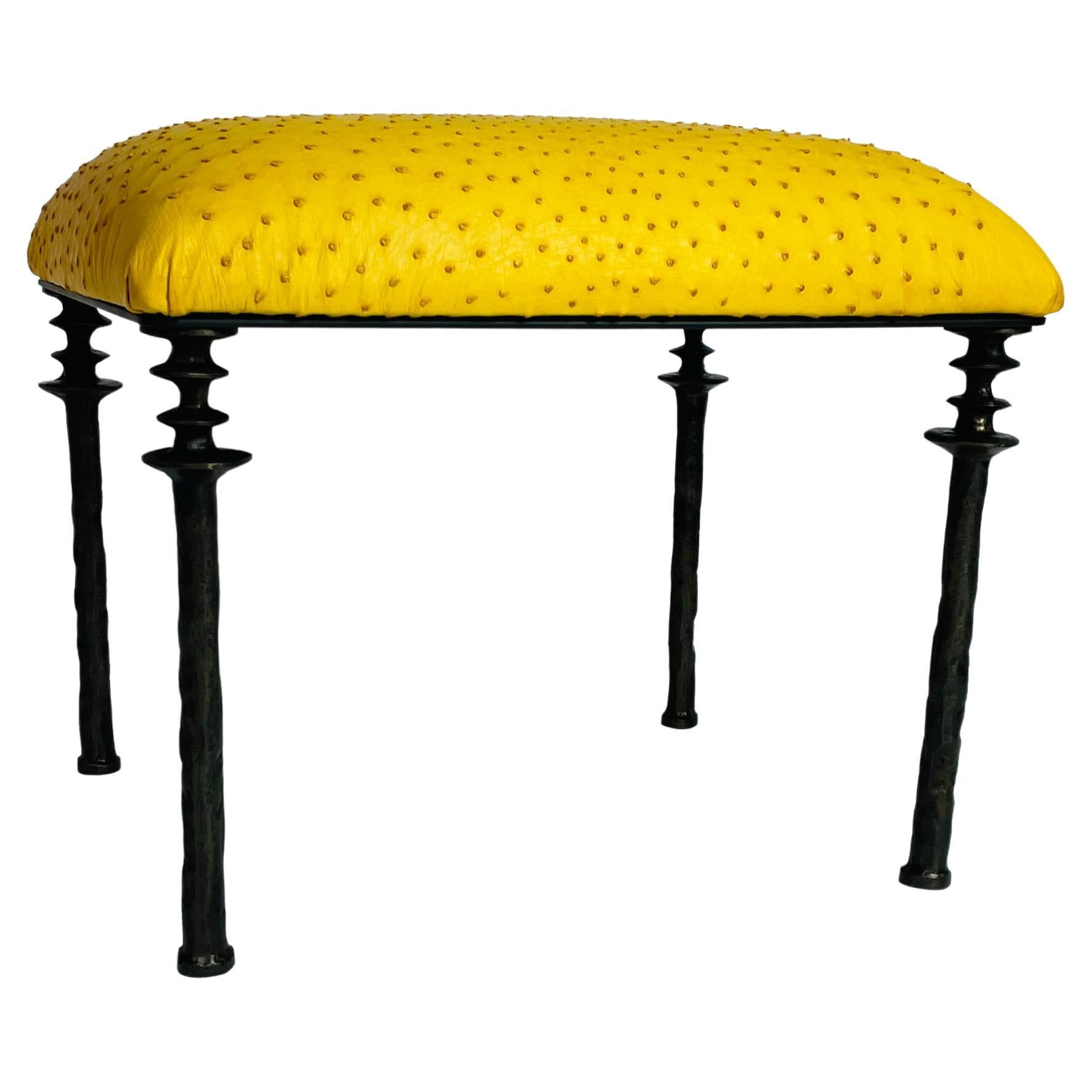 Pair of Sorgue Stools, by Bourgeois Boheme Atelier, Citron Ostrich Leather