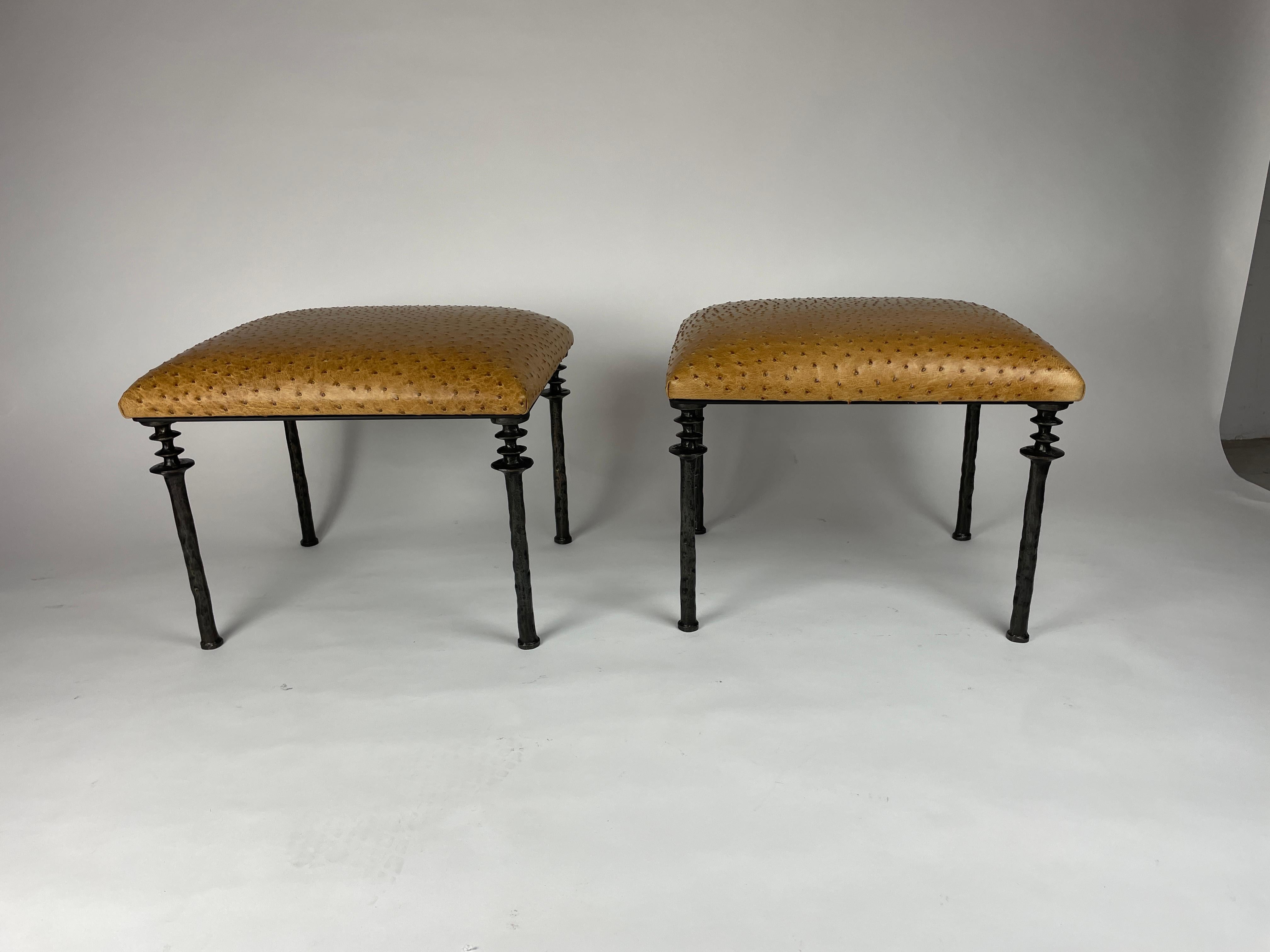 Américain Pair of Sorgue Stools, by Bourgeois Boheme Atelier, Saddle Ostrich Leather