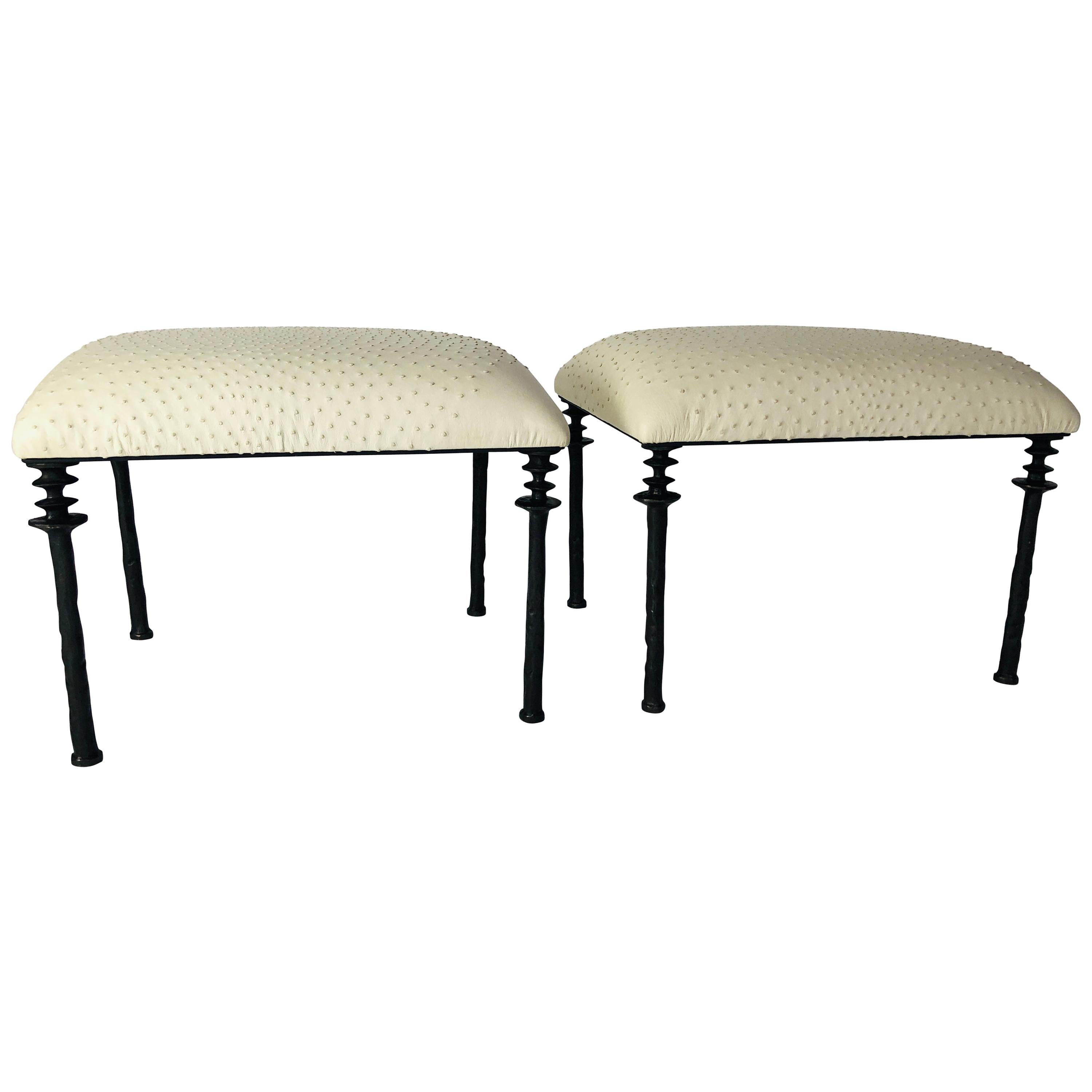 Pair of Sorgue Stools, by Bourgeois Boheme Atelier, Tan Ostrich Leather