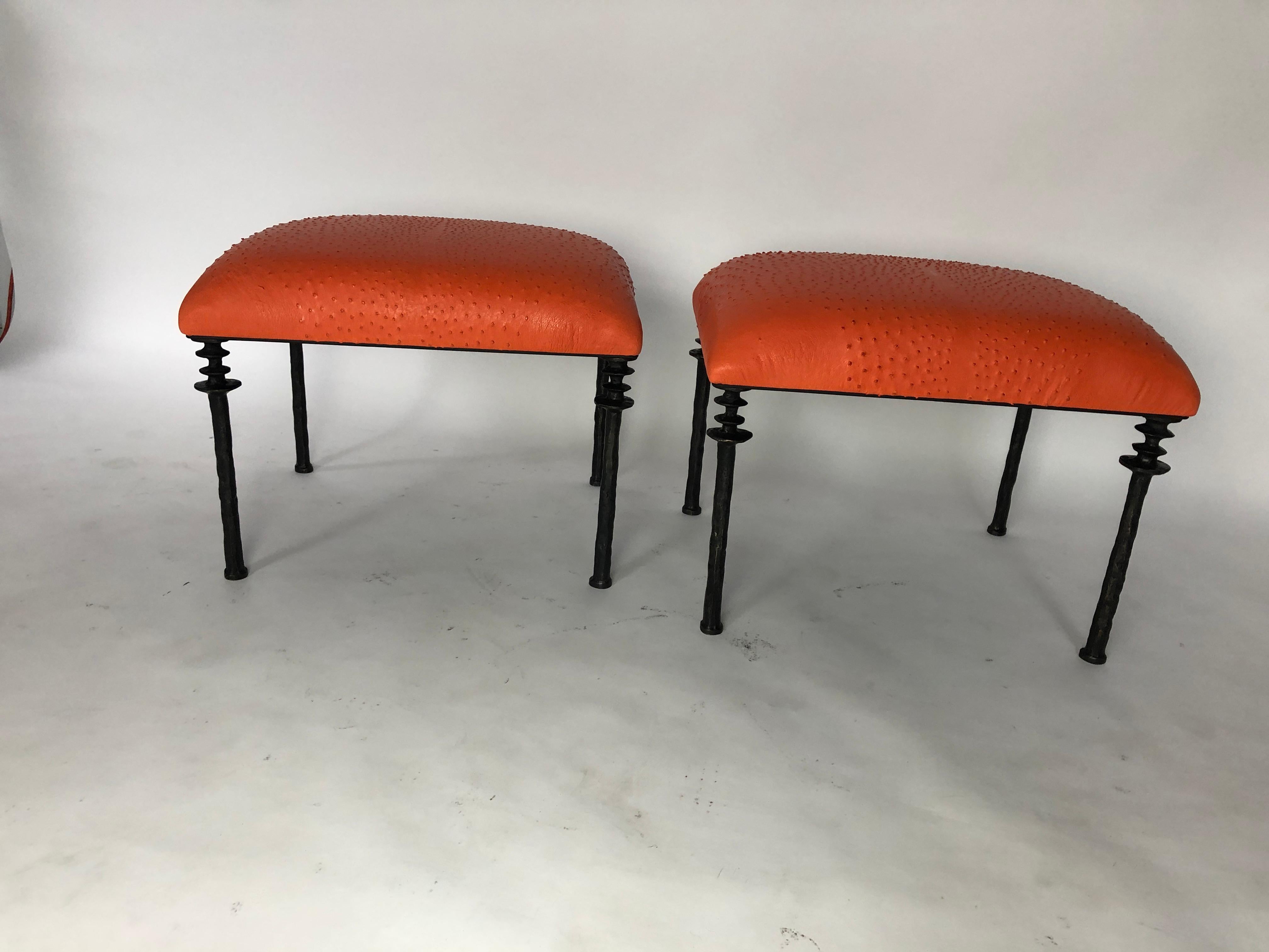 Pair of Sorgue Stools, by Bourgeois Boheme Atelier, Tangerine Ostrich Leather 4