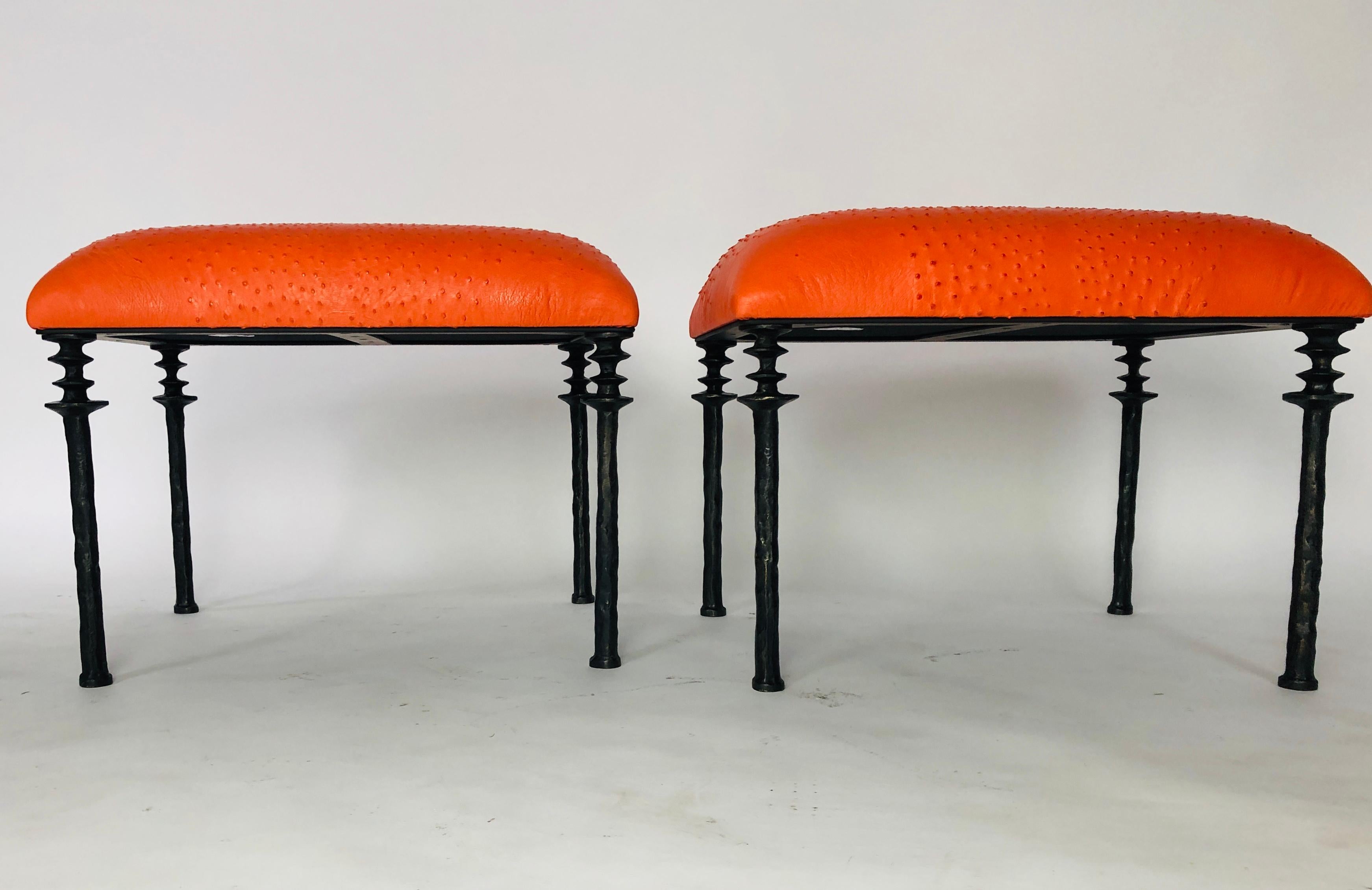 American Pair of Sorgue Stools, by Bourgeois Boheme Atelier, Tangerine Ostrich Leather