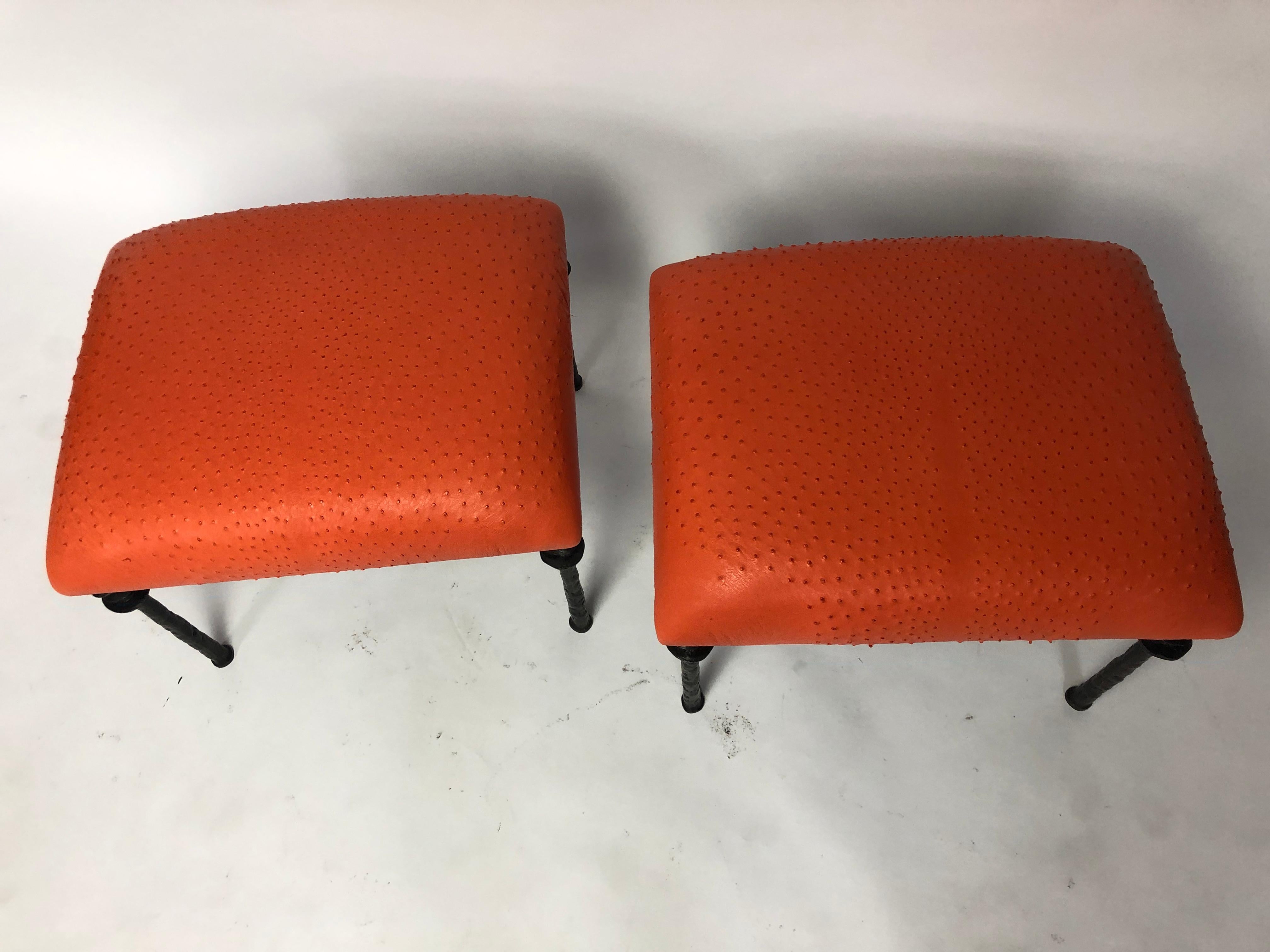 Pair of Sorgue Stools, by Bourgeois Boheme Atelier, Tangerine Ostrich Leather In New Condition In Los Angeles, CA