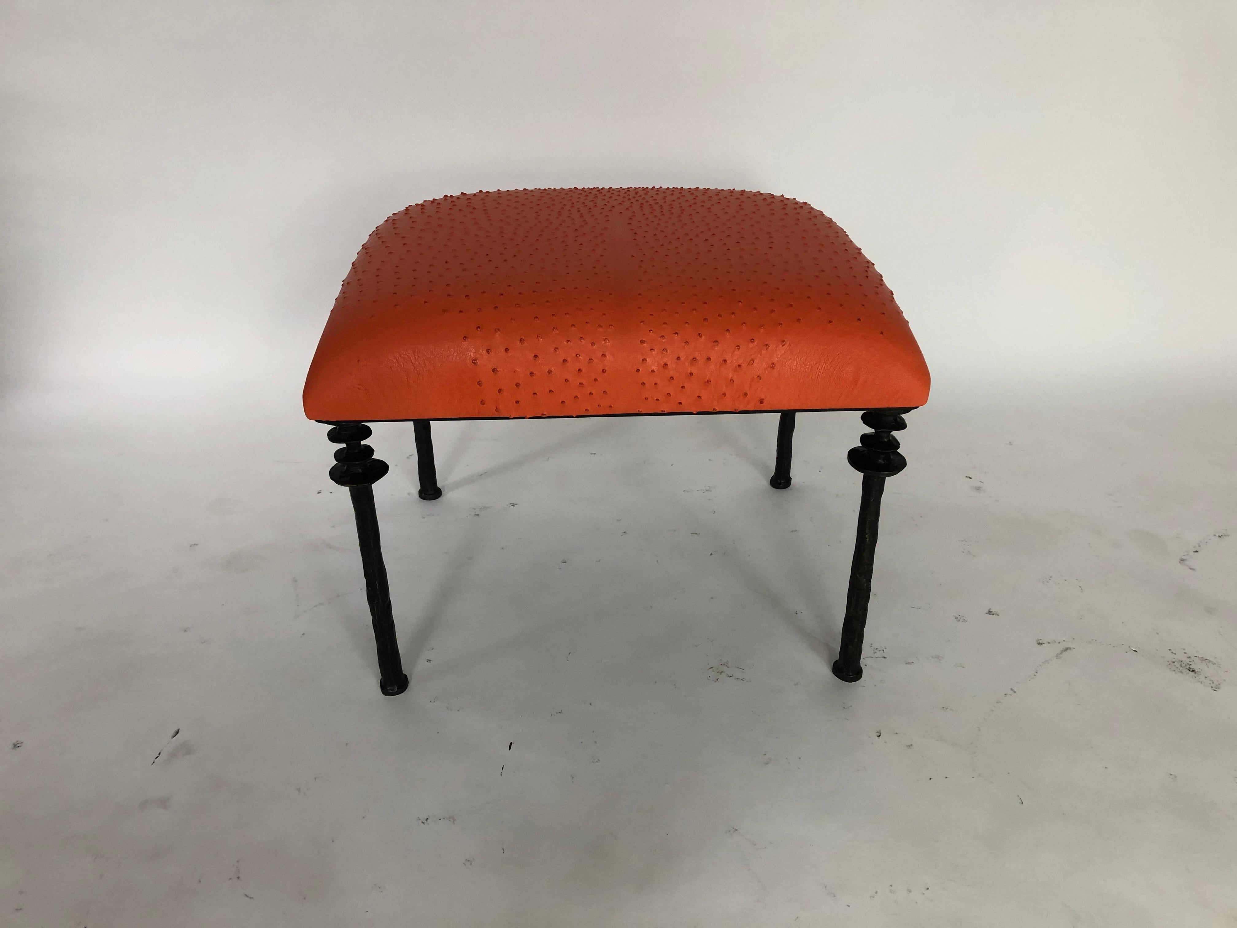 Contemporary Pair of Sorgue Stools, by Bourgeois Boheme Atelier, Tangerine Ostrich Leather