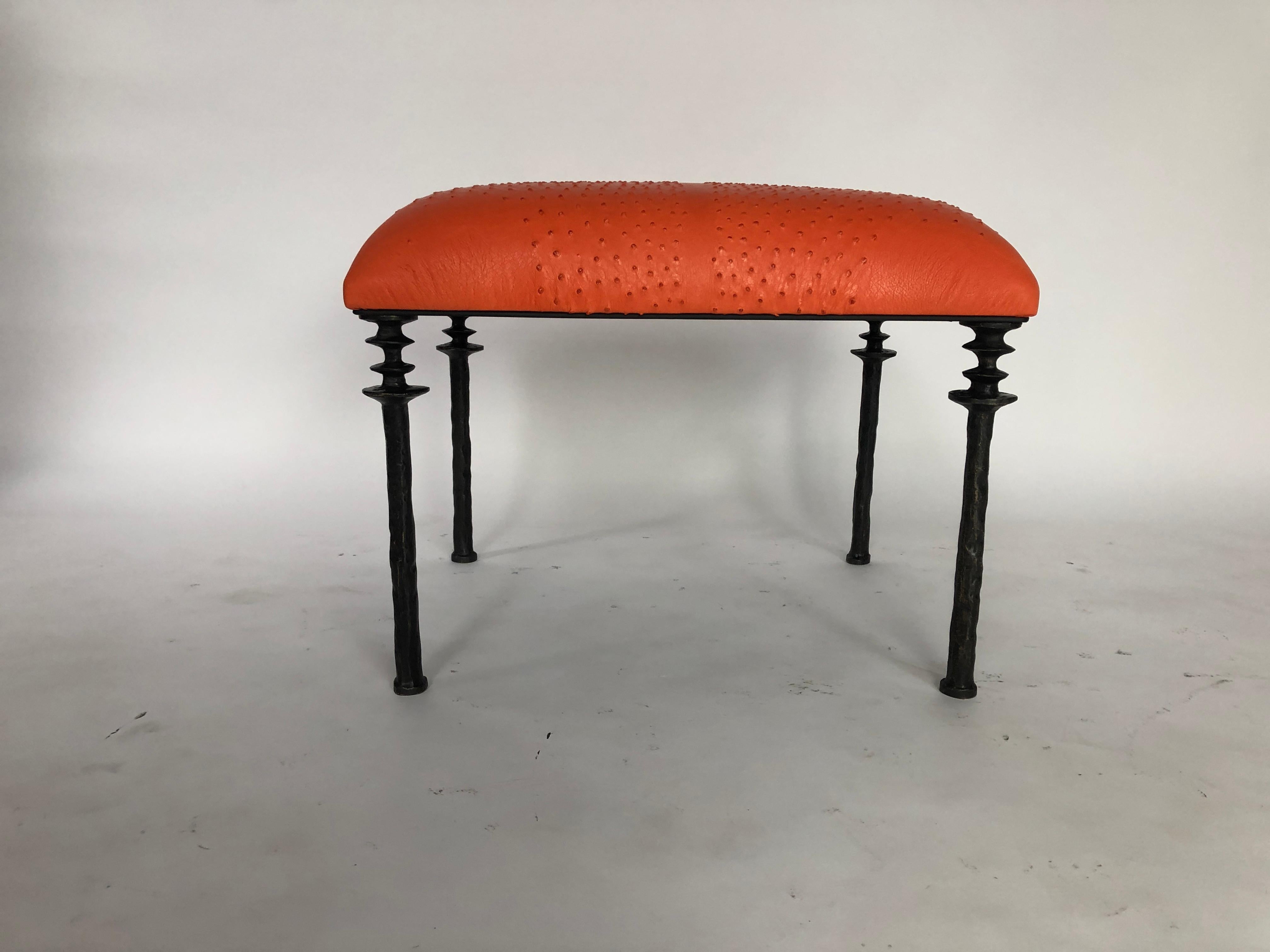 Bronze Pair of Sorgue Stools, by Bourgeois Boheme Atelier, Tangerine Ostrich Leather
