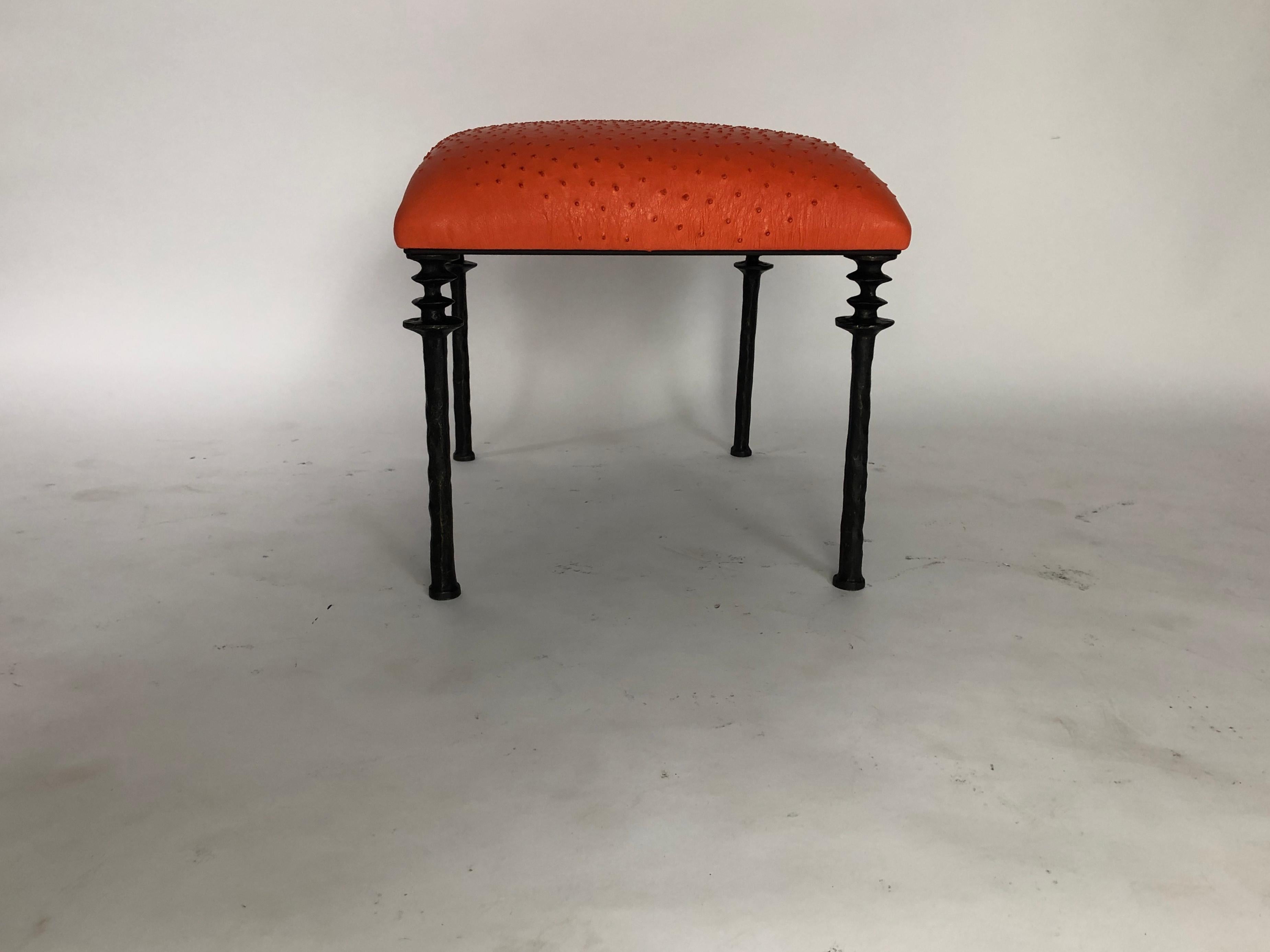 Pair of Sorgue Stools, by Bourgeois Boheme Atelier, Tangerine Ostrich Leather 1