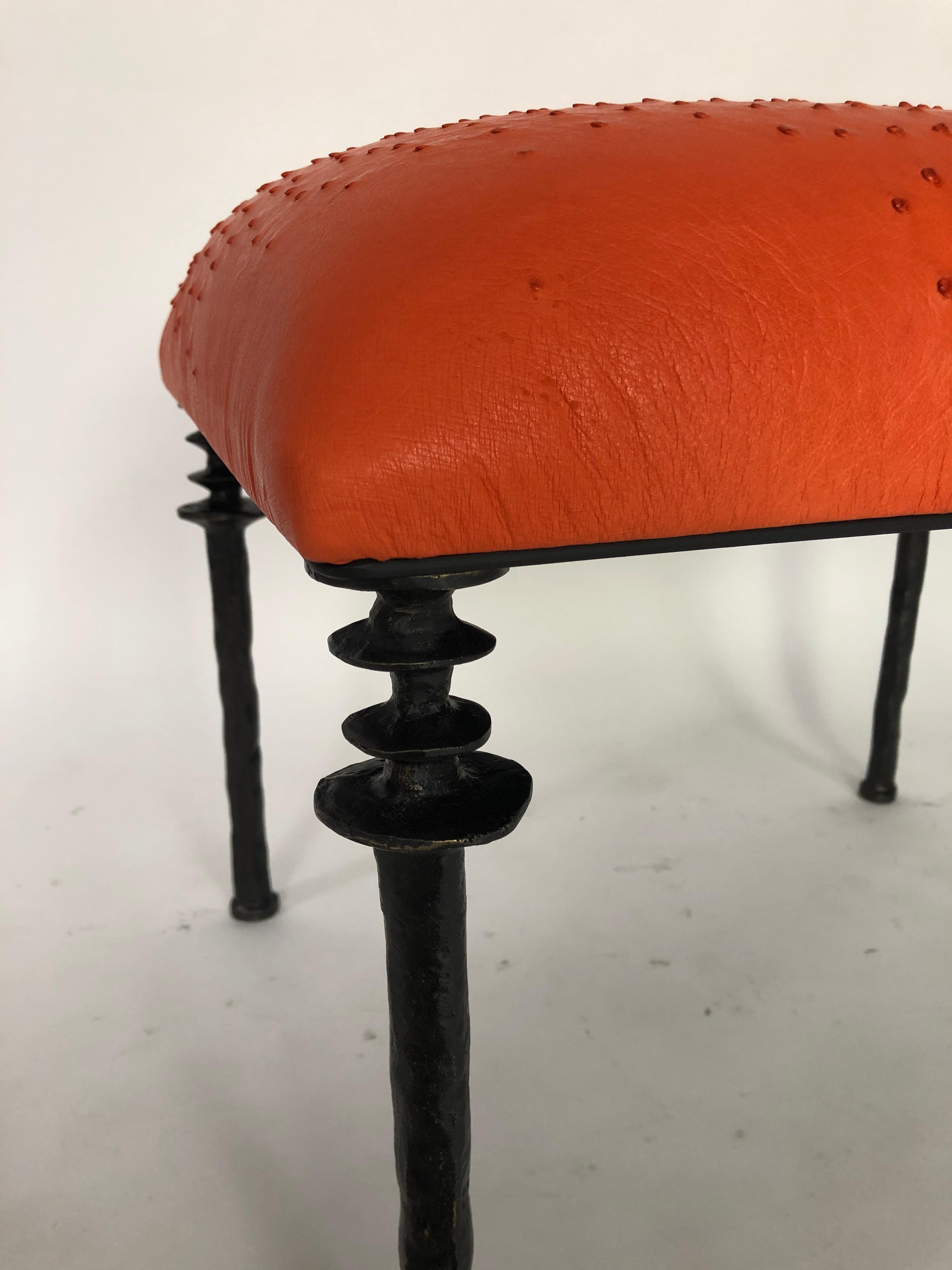 Pair of Sorgue Stools, by Bourgeois Boheme Atelier, Tangerine Ostrich Leather 2