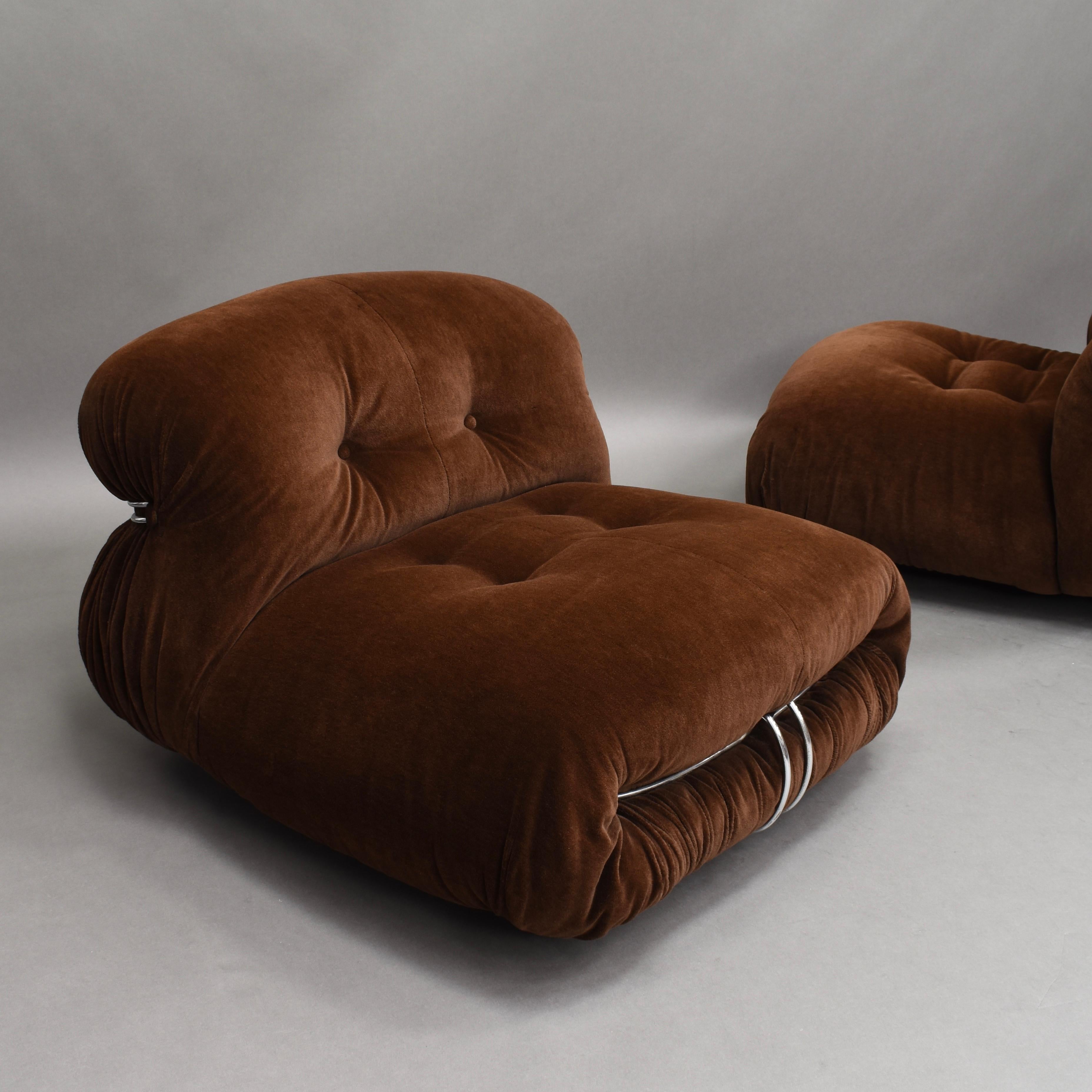 Pair of Soriana Chairs in Brown Mohair Velvet by Afra & Tobia Scarpa for Cassina 7