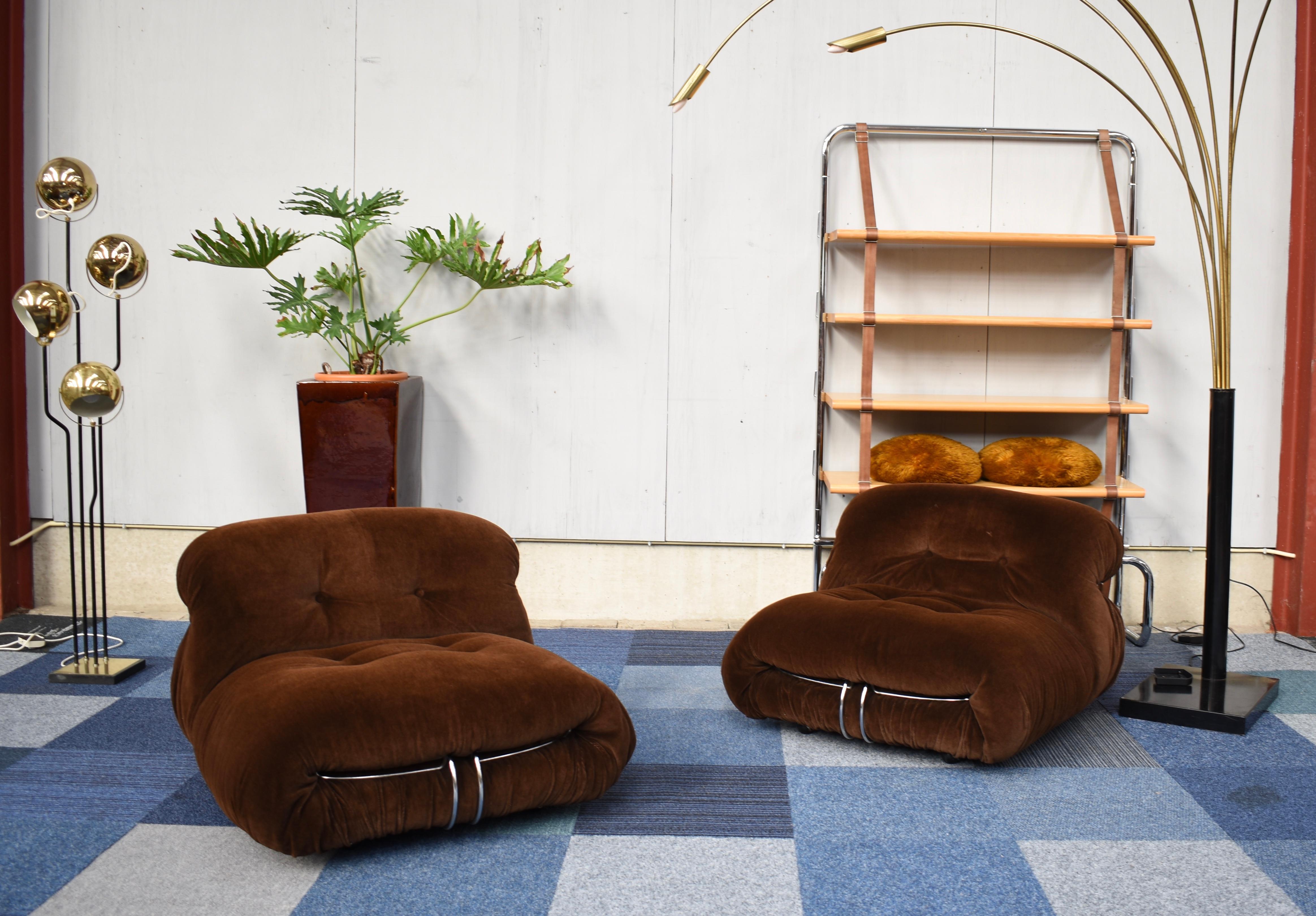 Italian Pair of Soriana Chairs in Brown Mohair Velvet by Afra & Tobia Scarpa for Cassina