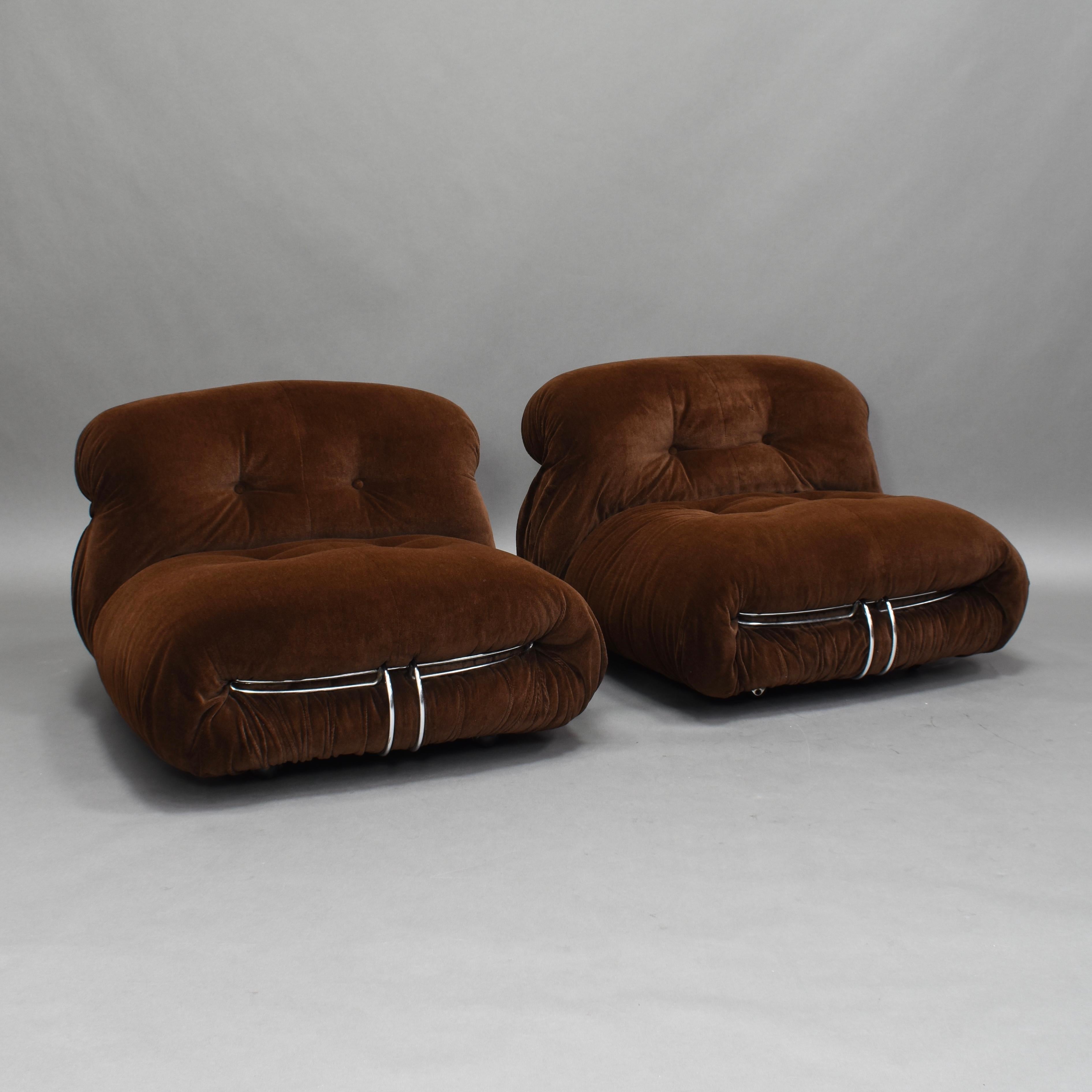 Late 20th Century Pair of Soriana Chairs in Brown Mohair Velvet by Afra & Tobia Scarpa for Cassina