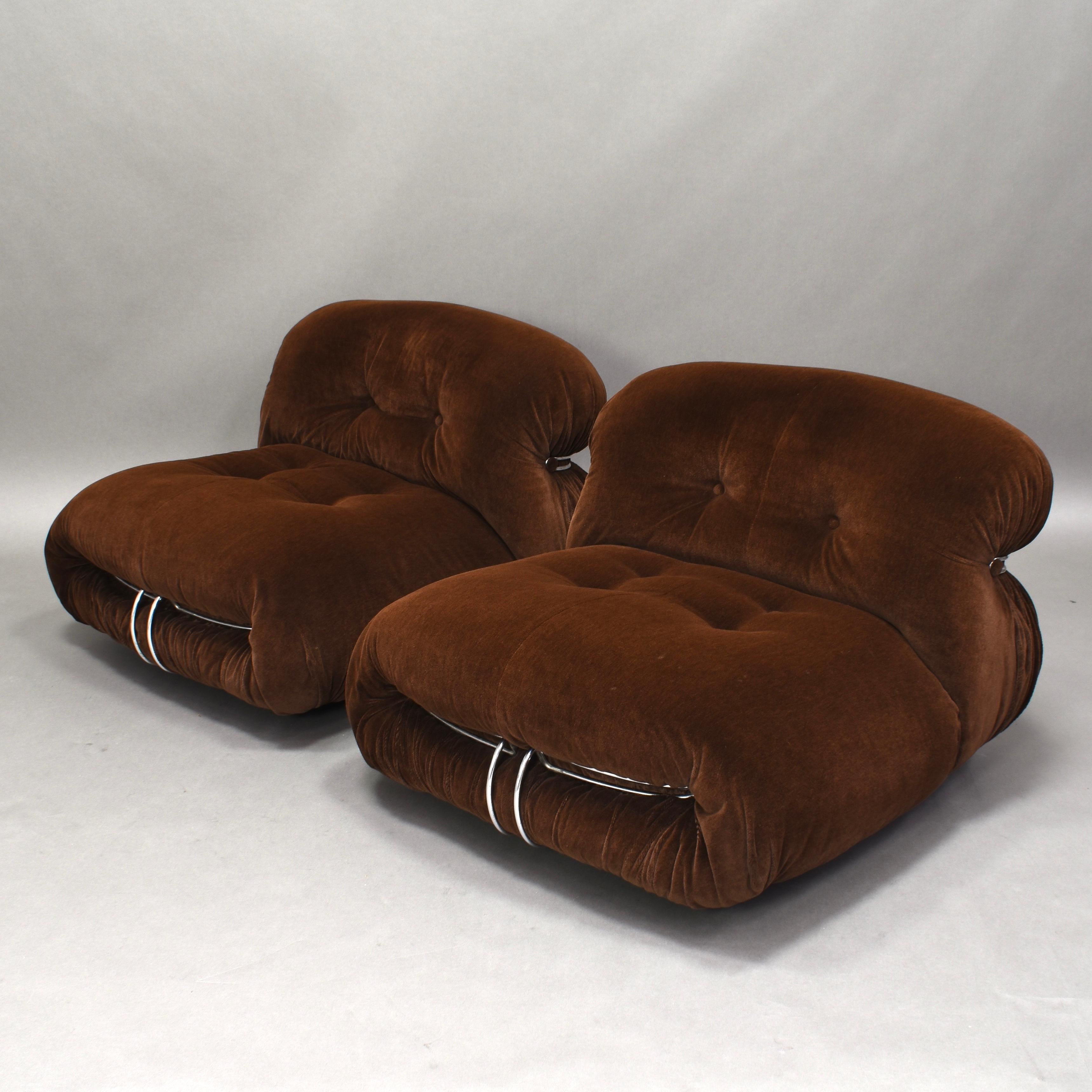 Chrome Pair of Soriana Chairs in Brown Mohair Velvet by Afra & Tobia Scarpa for Cassina