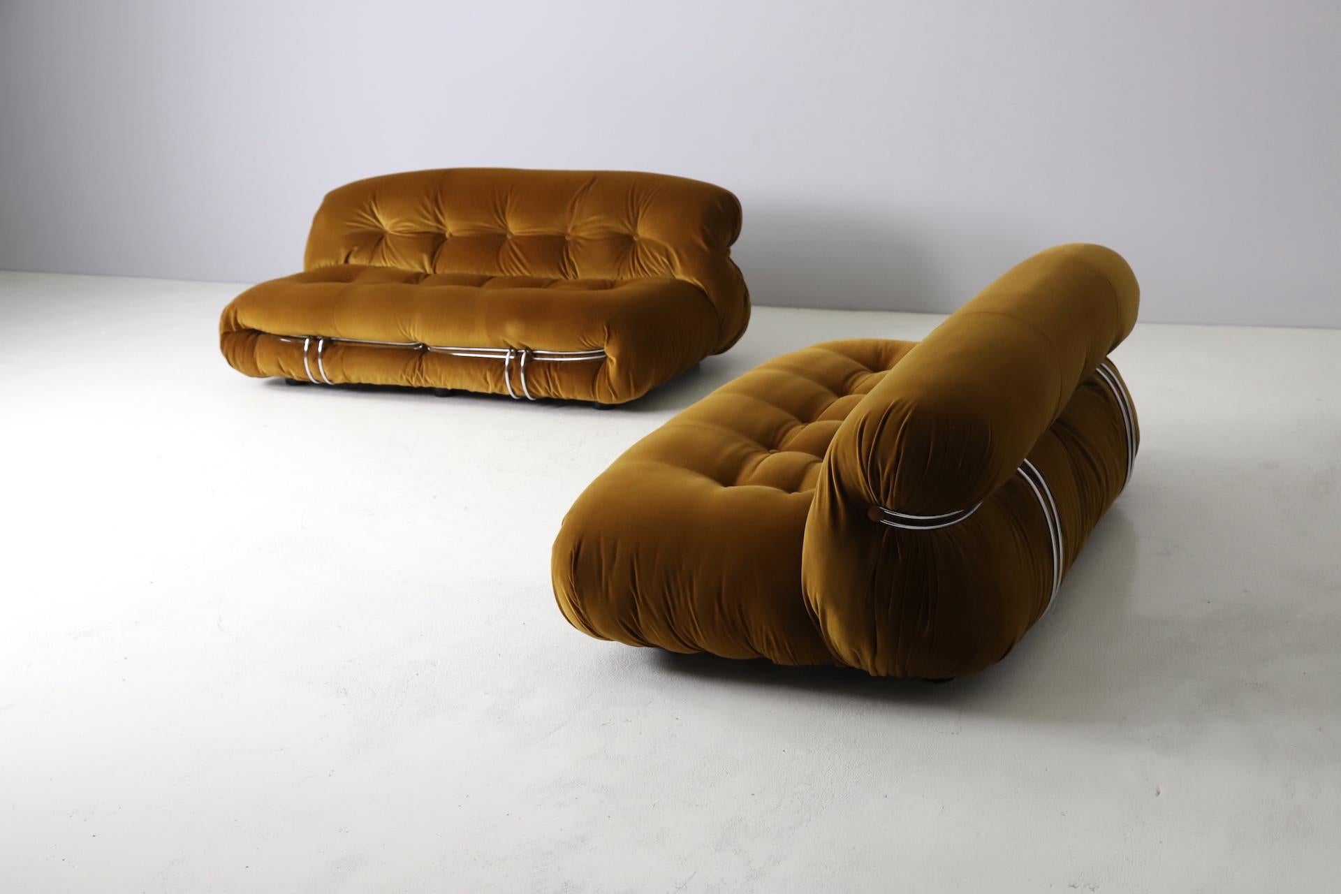 Pair of iconic 'Soriana' sofas designed by Afra & Tobia Scarpa. First designed in 1969 and produced by Cassina in Italy. This pair is an original pair from the same house, produced in the 1970's. Both sofas are professionally reupholstered in a very