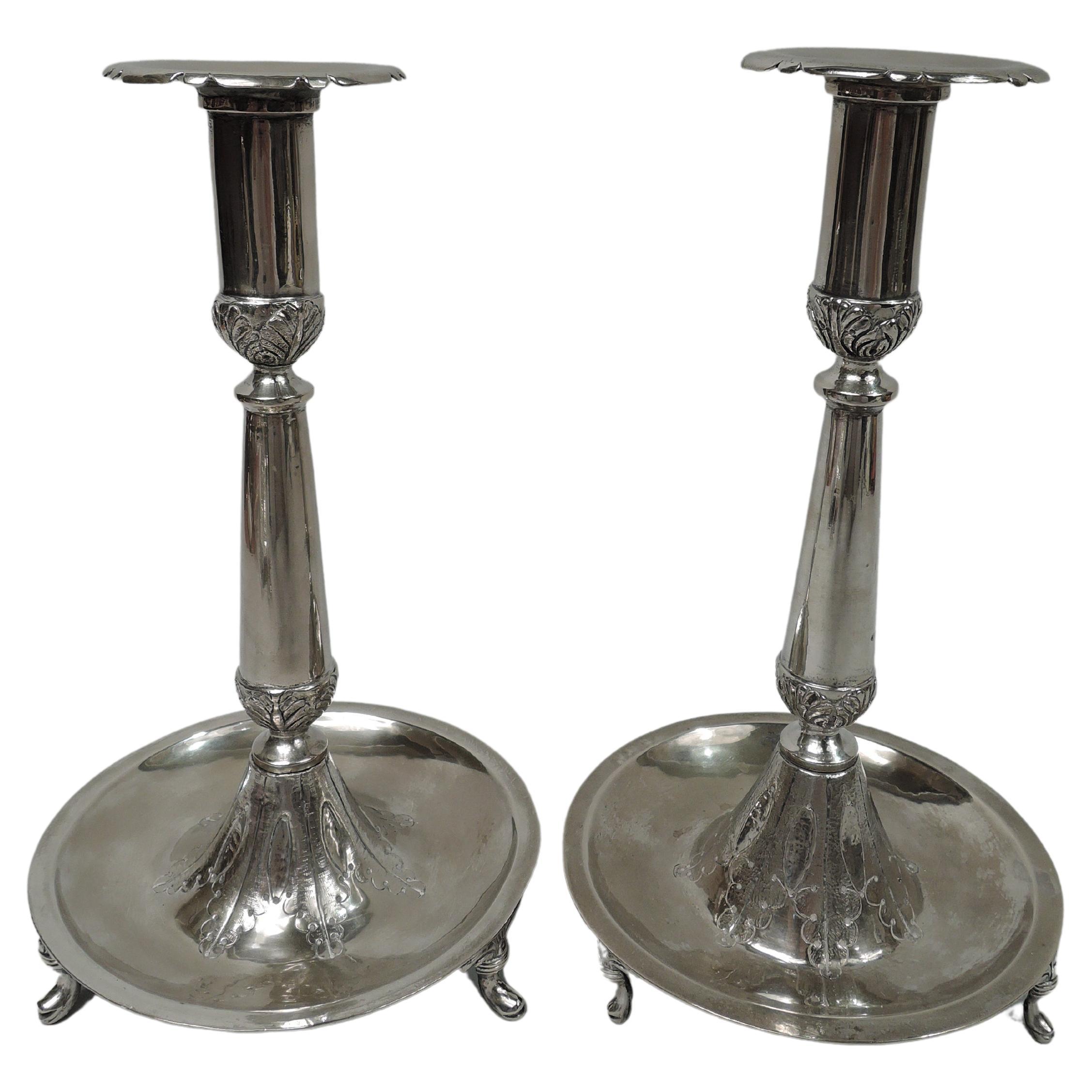 Pair of South American Classical Handmade Silver Candlesticks