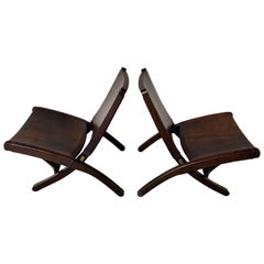Pair of South American Leather and Mahogany Campaign / Sling Chairs