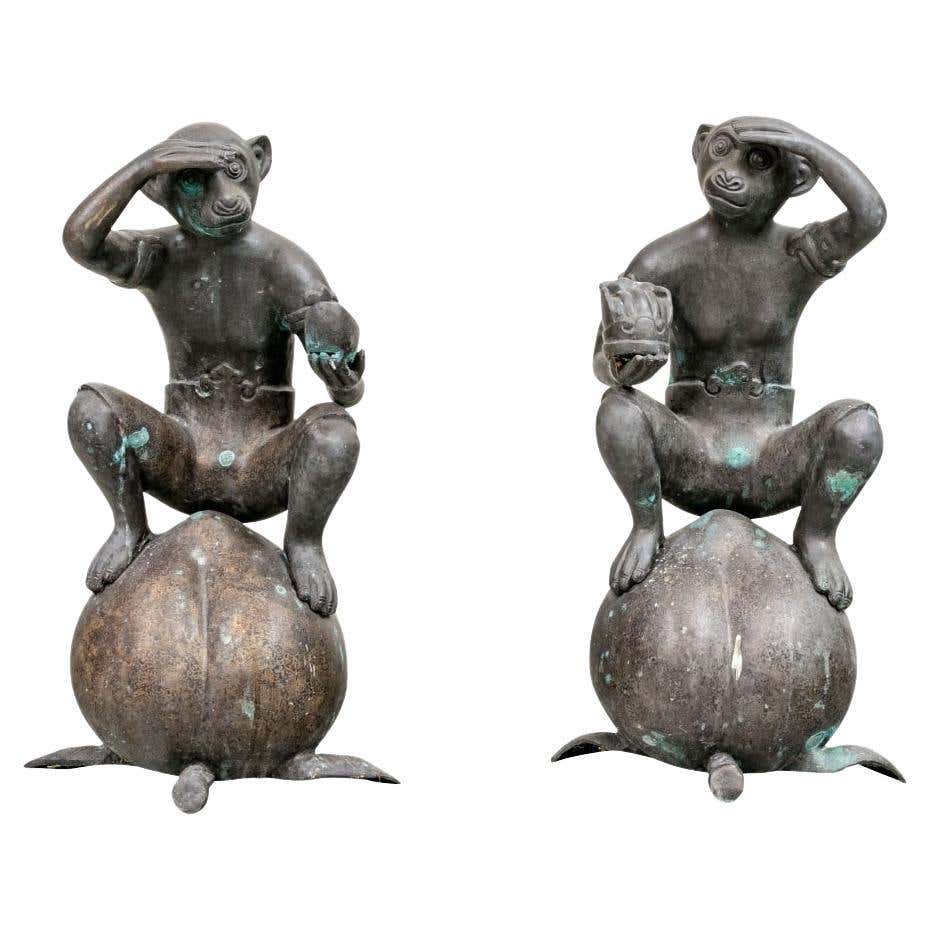 Pair Of South Asian Cast Bronze Monkey Figures For Sale at 1stDibs