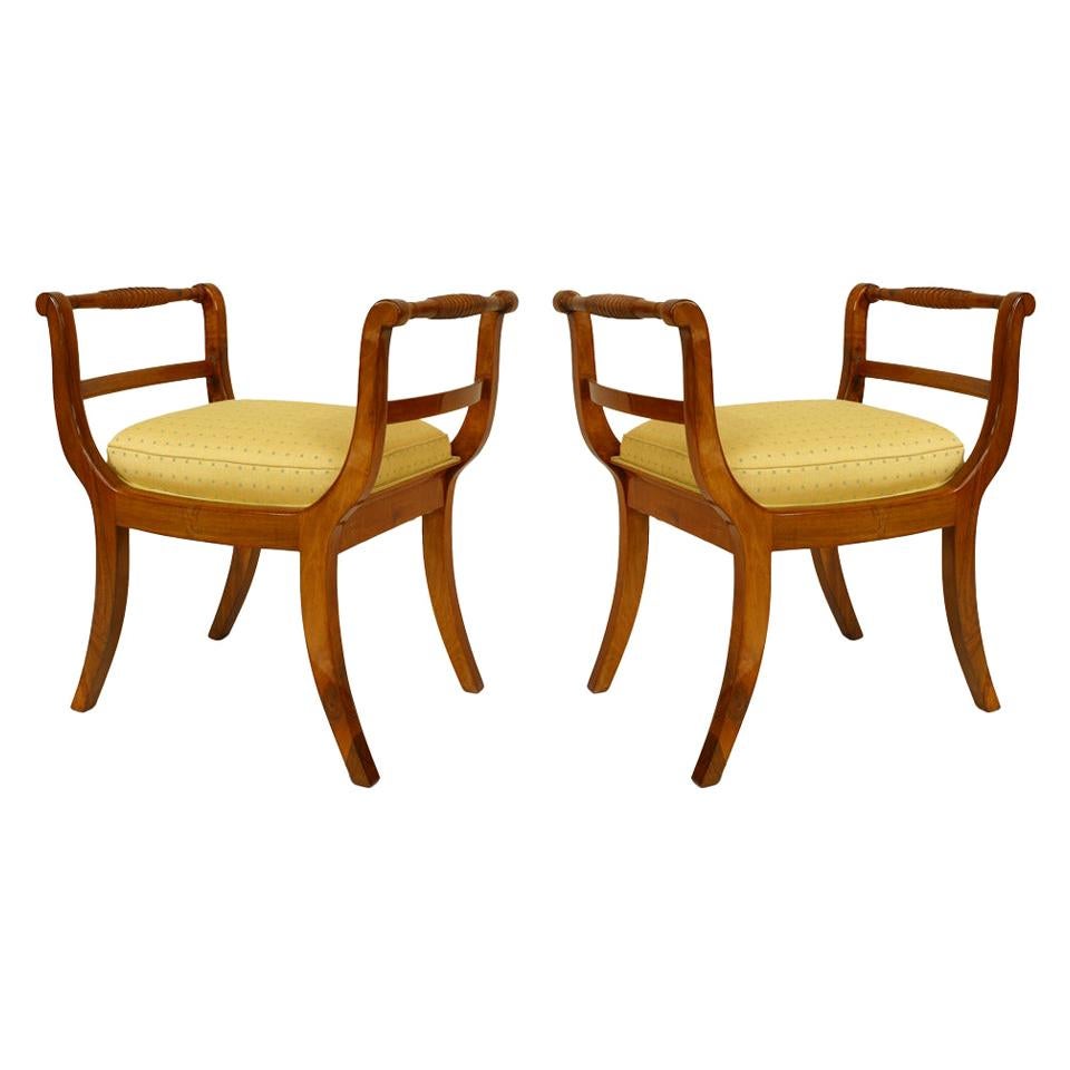 Pair of South German Biedermeier Walnut Benches For Sale