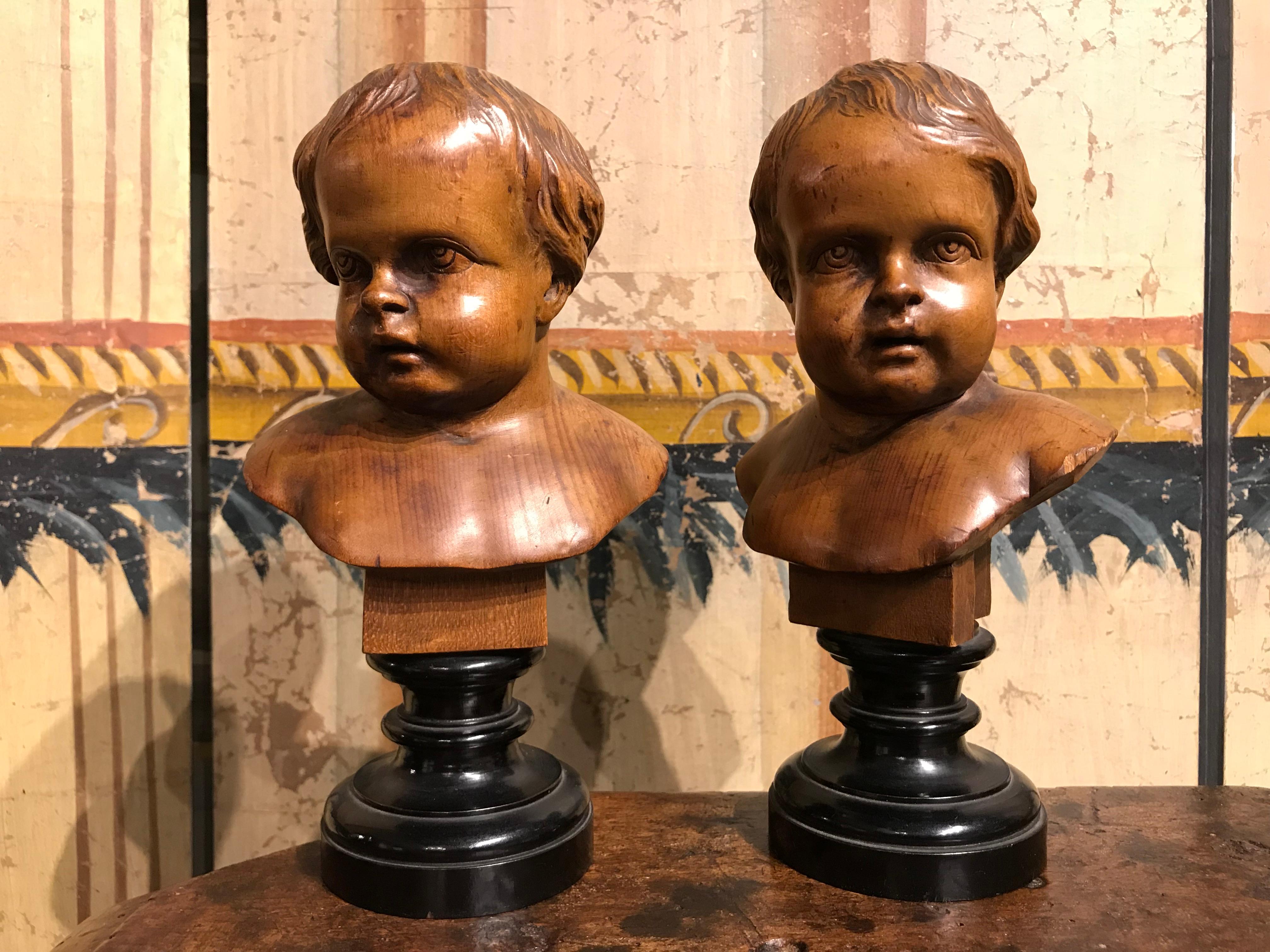 Pair 19th Century Baroque Style German Carved Wood Busts of Putti For Sale 9