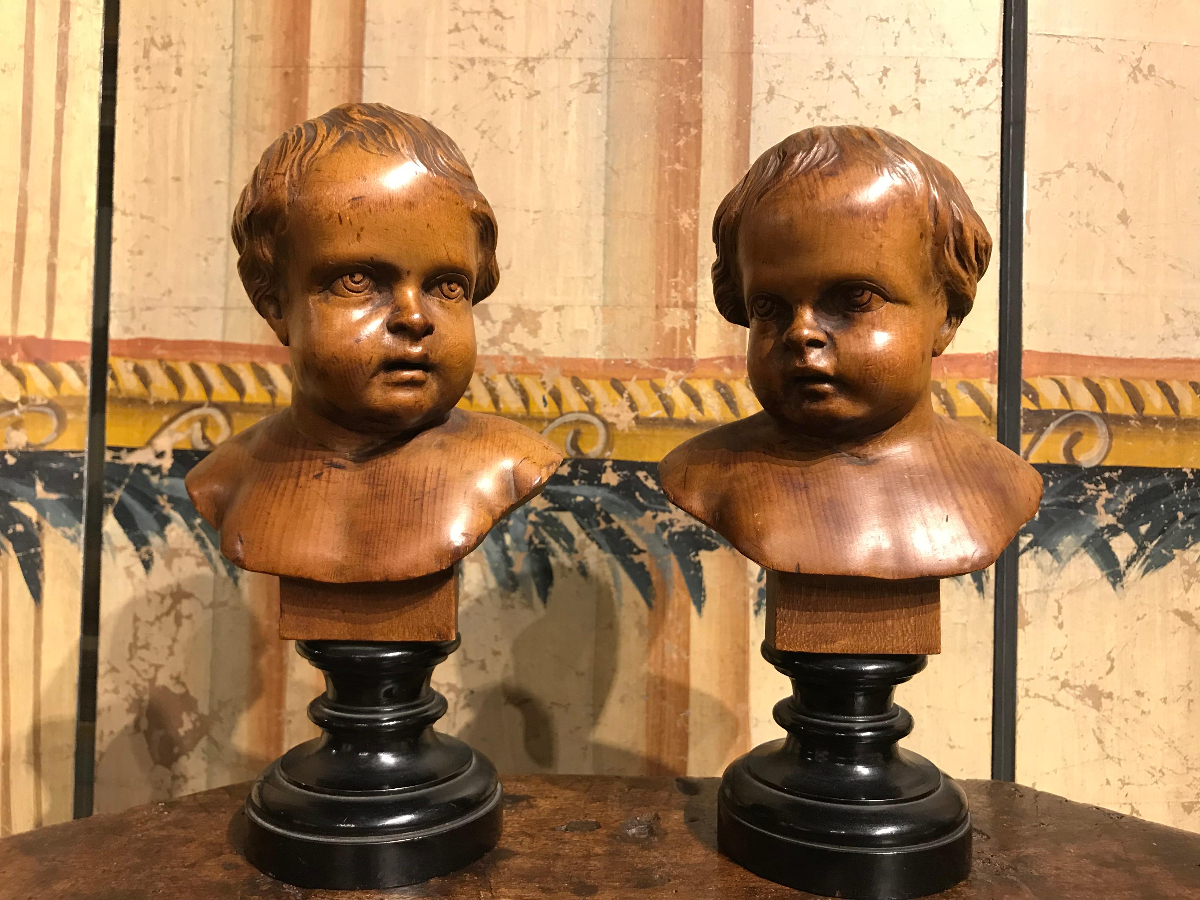 Pair 19th Century Baroque Style German Carved Wood Busts of Putti For Sale 10