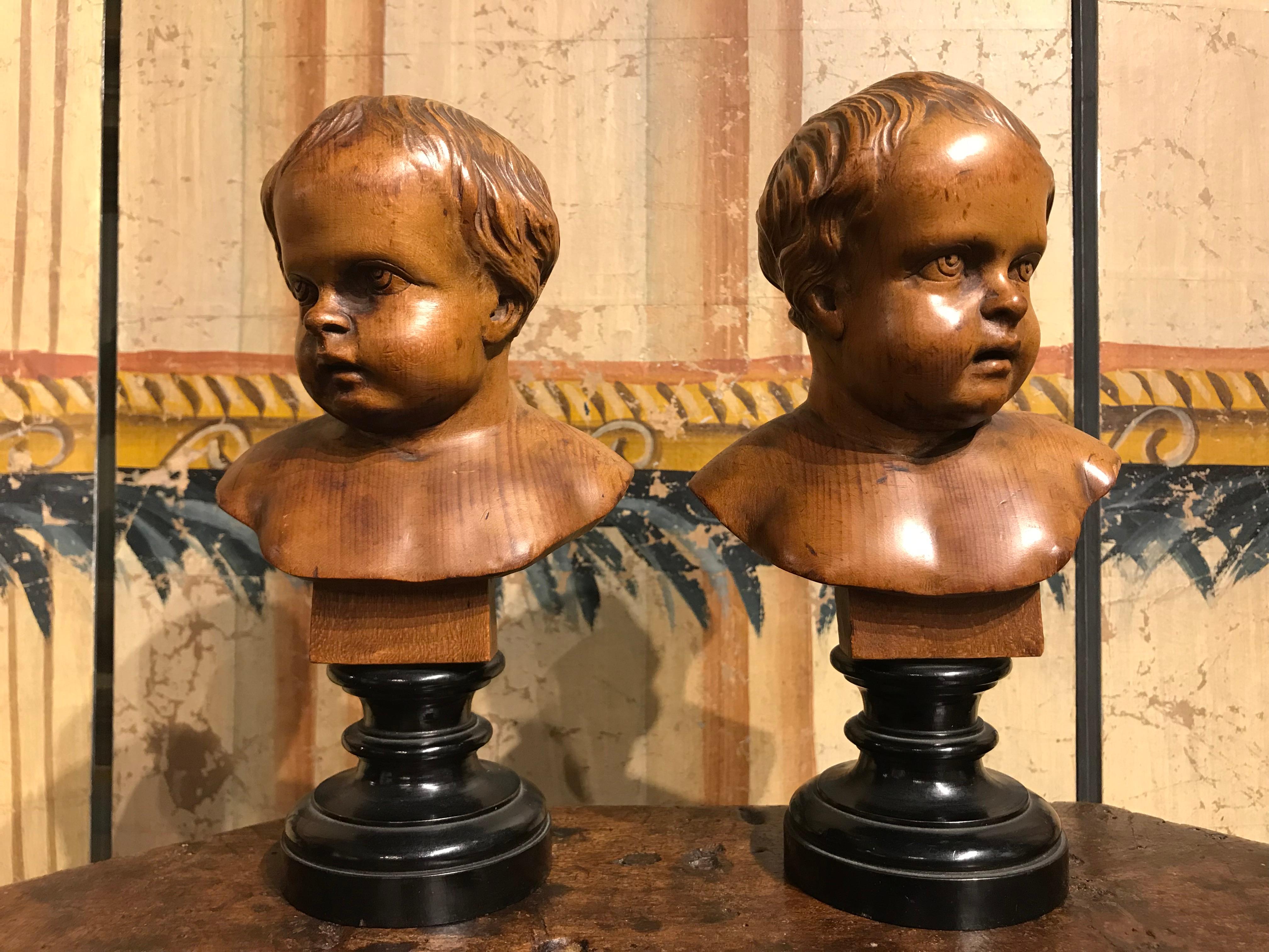 Pair 19th Century Baroque Style German Carved Wood Busts of Putti For Sale 13
