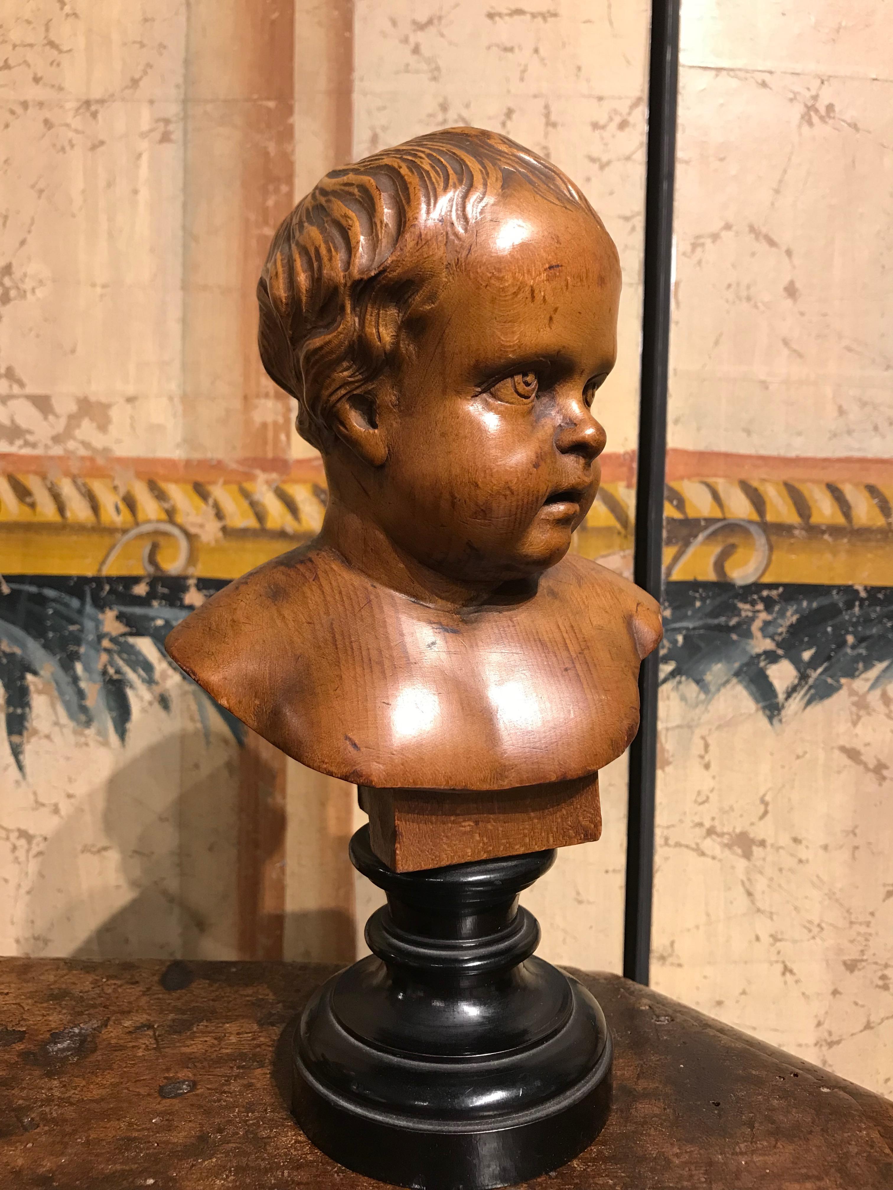 Hand-Carved Pair 19th Century Baroque Style German Carved Wood Busts of Putti For Sale