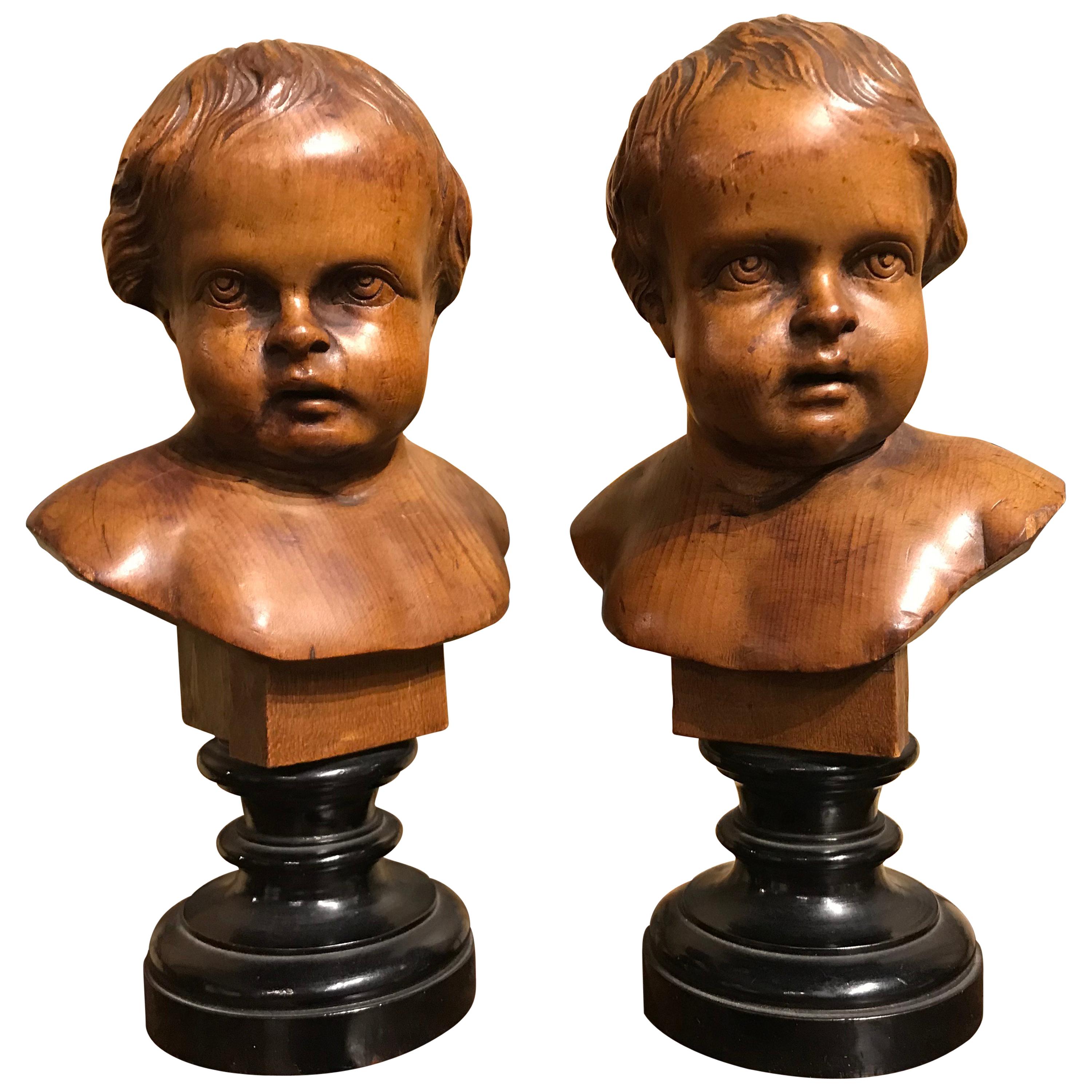 Pair 19th Century Baroque Style German Carved Wood Busts of Putti For Sale