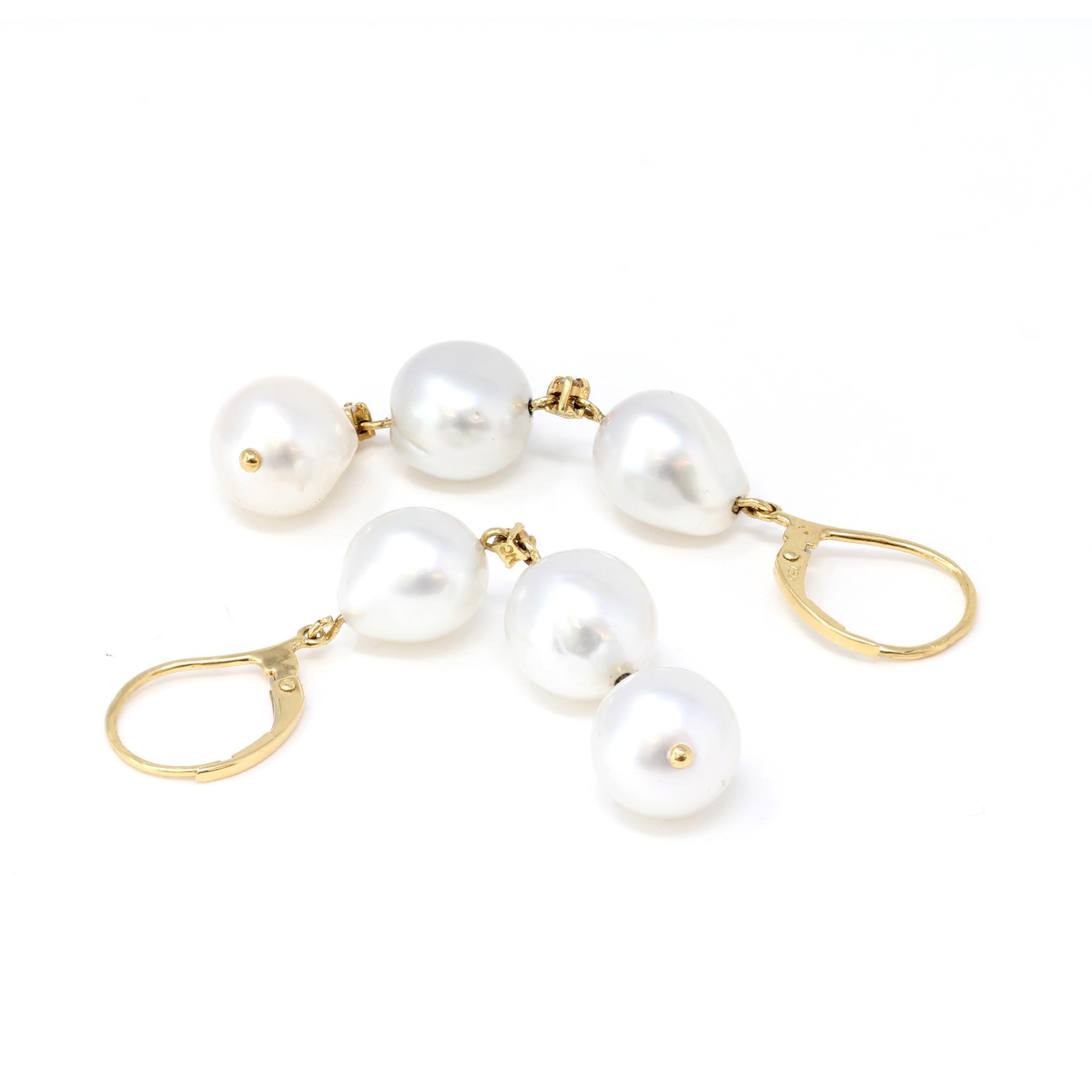 Round Cut Pair of South Sea Baroque Pearls 18k Gold Dangling Earrings with Diamond Accents For Sale