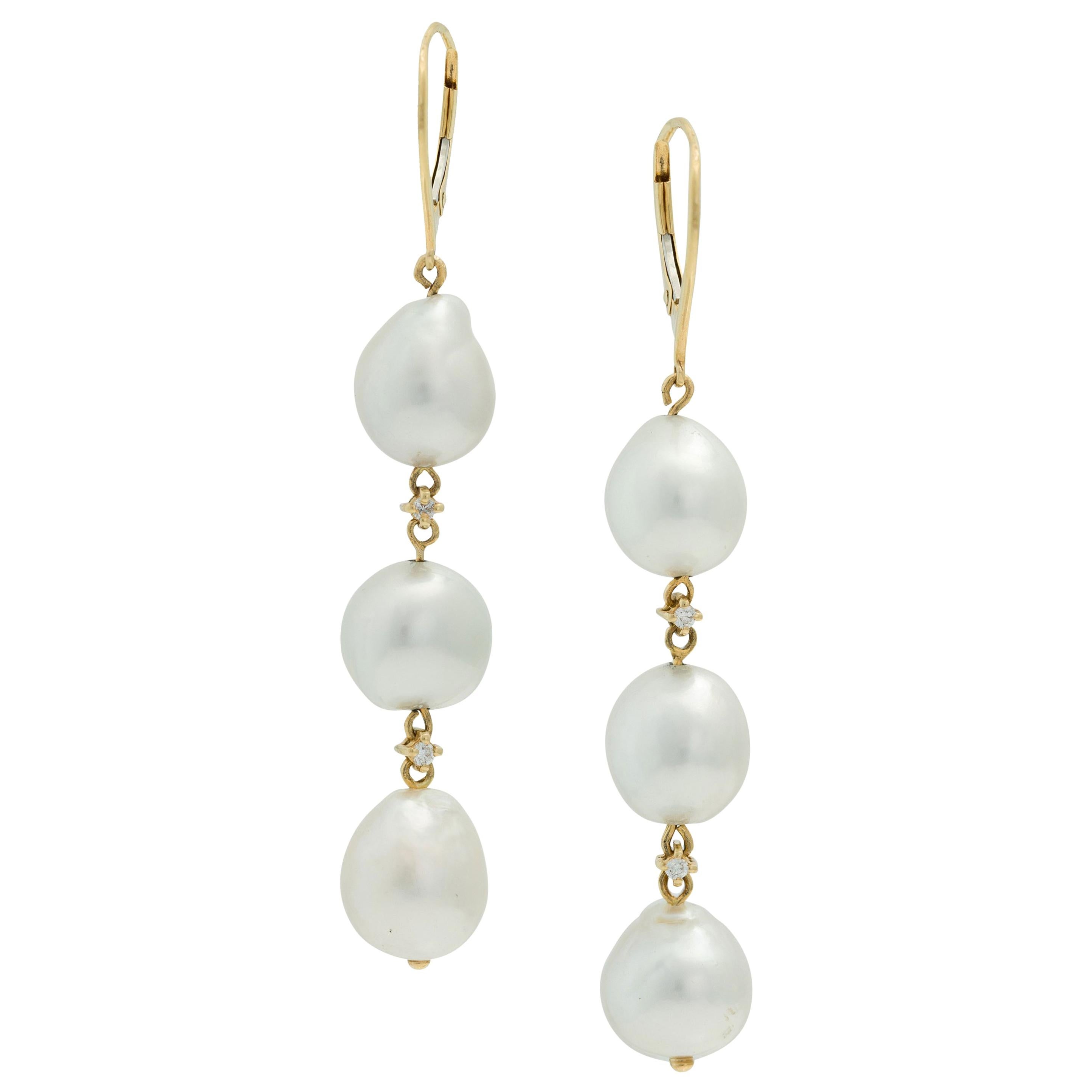 Pair of South Sea Baroque Pearls 18k Gold Dangling Earrings with Diamond Accents