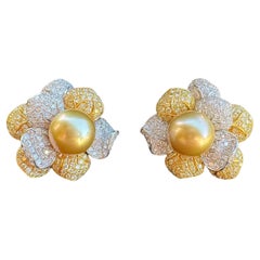 Pair of South Sea Pearl and Diamond Fancy Yellow & White Diamond Flower Earrings
