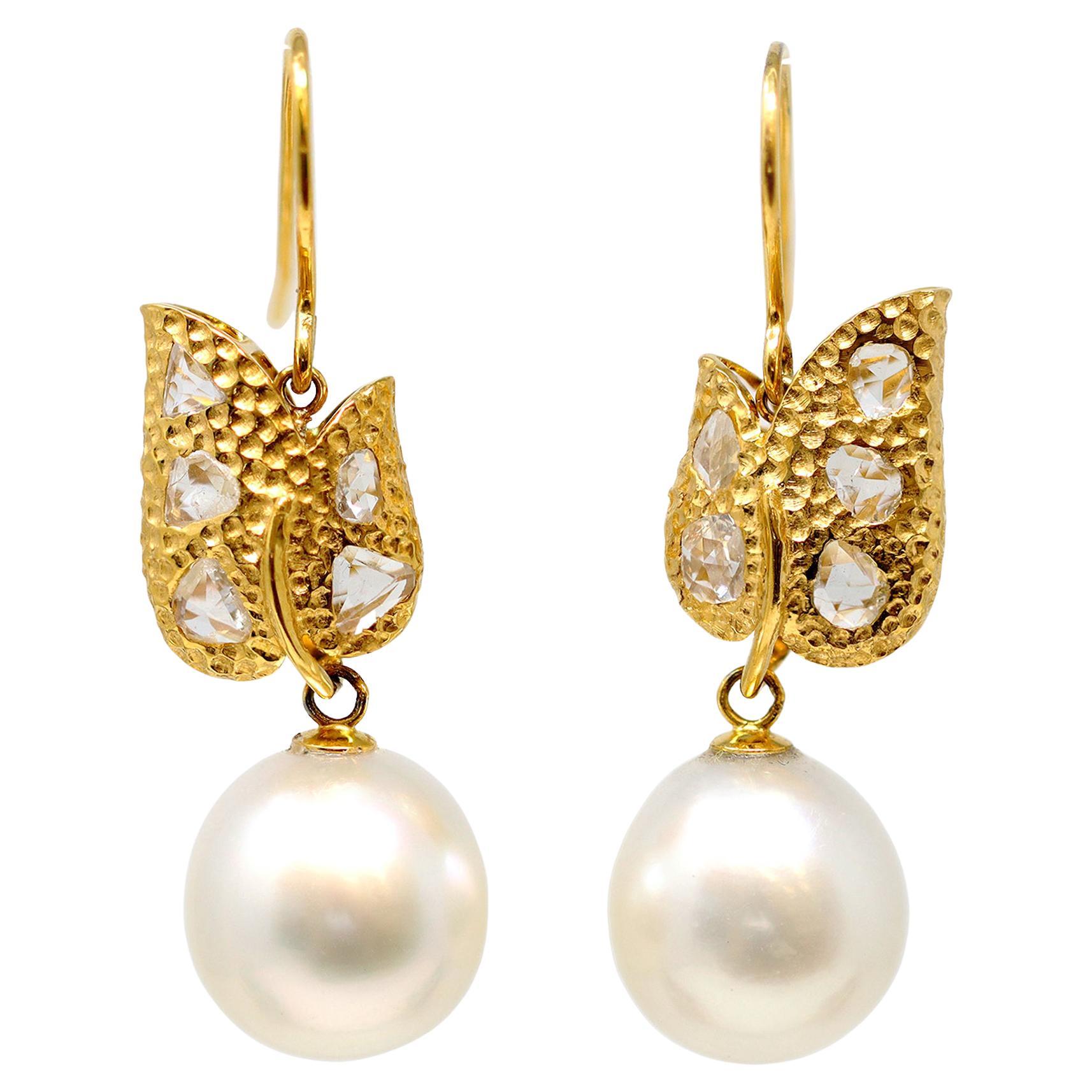 Pair of South Sea Pearl and Rose Cut Diamond Hook Earrings in 18k For Sale