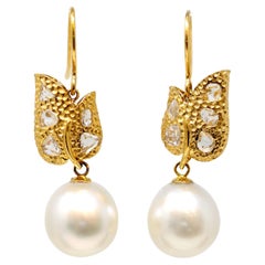 Pair of South Sea Pearl and Rose Cut Diamond Hook Earrings in 18k