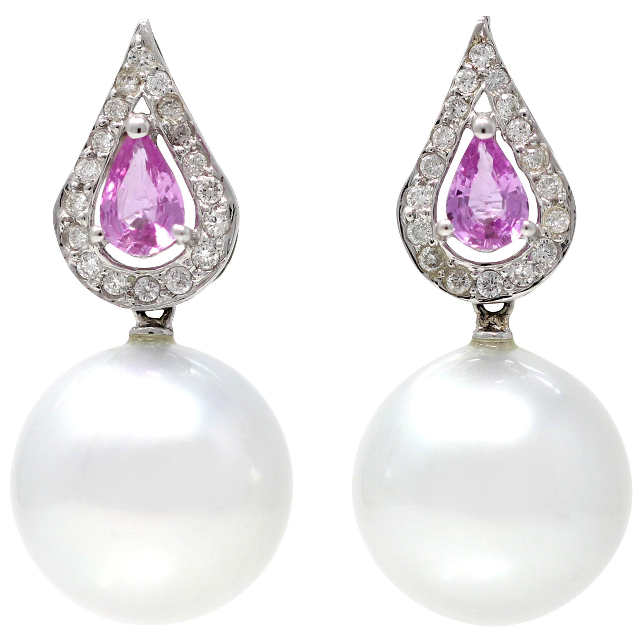 Pair of South Sea Pearl, Pink Sapphire and Diamond Earrings in 18 Karat Gold