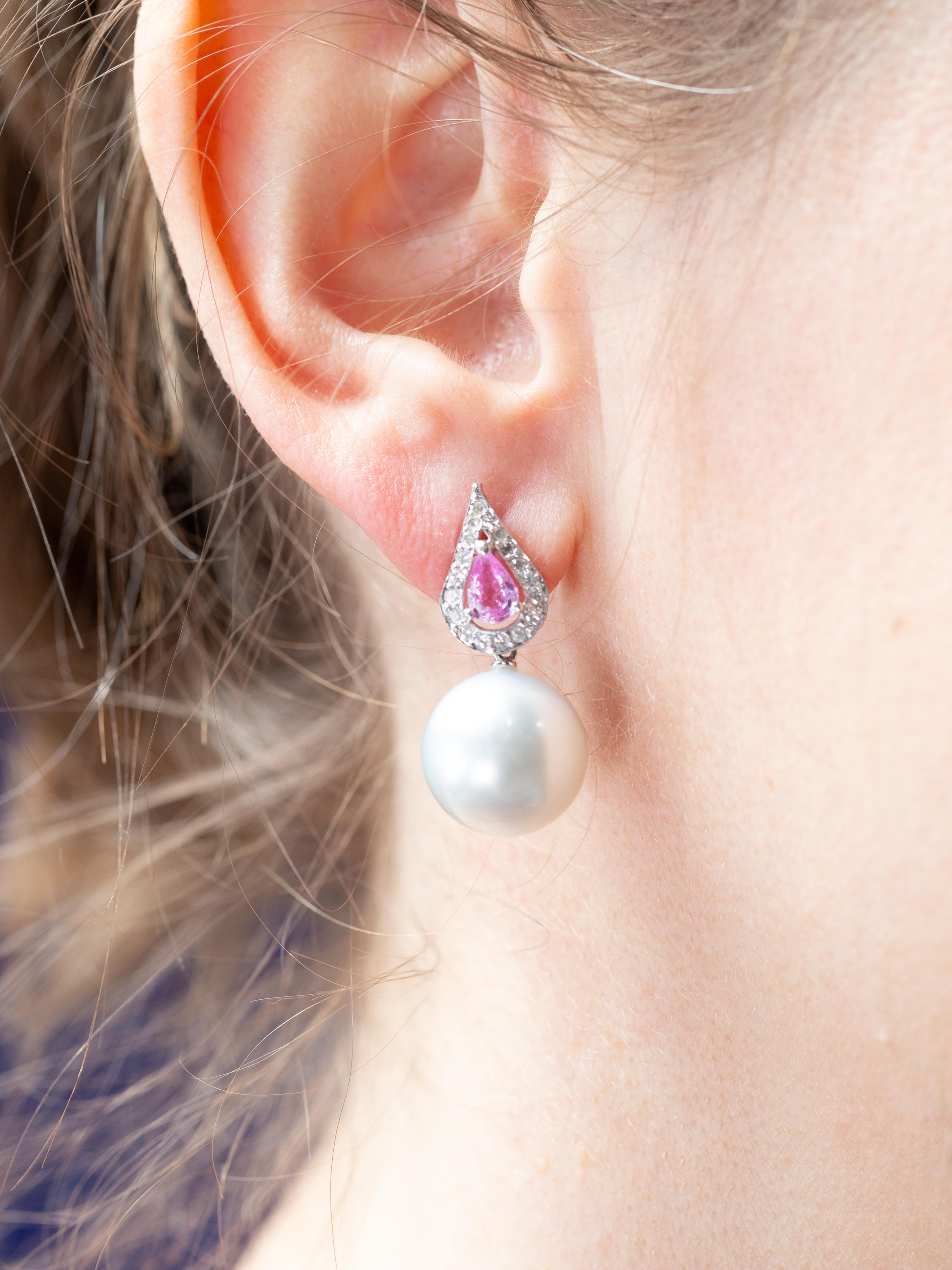 Contemporary Pair of South Sea Pearl, Pink Sapphire and Diamond Earrings in 18 Karat Gold